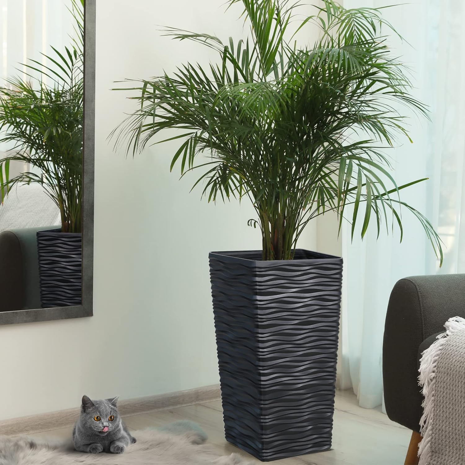 Worth Garden 2-Pack Black Tall Plastic Planter Pots - 22 Inch Square Tapered Indoor Outdoor Flower Pots with Modern Wavy Finish - Perfect for Front Porch, Patio, Deck & Garden Decor