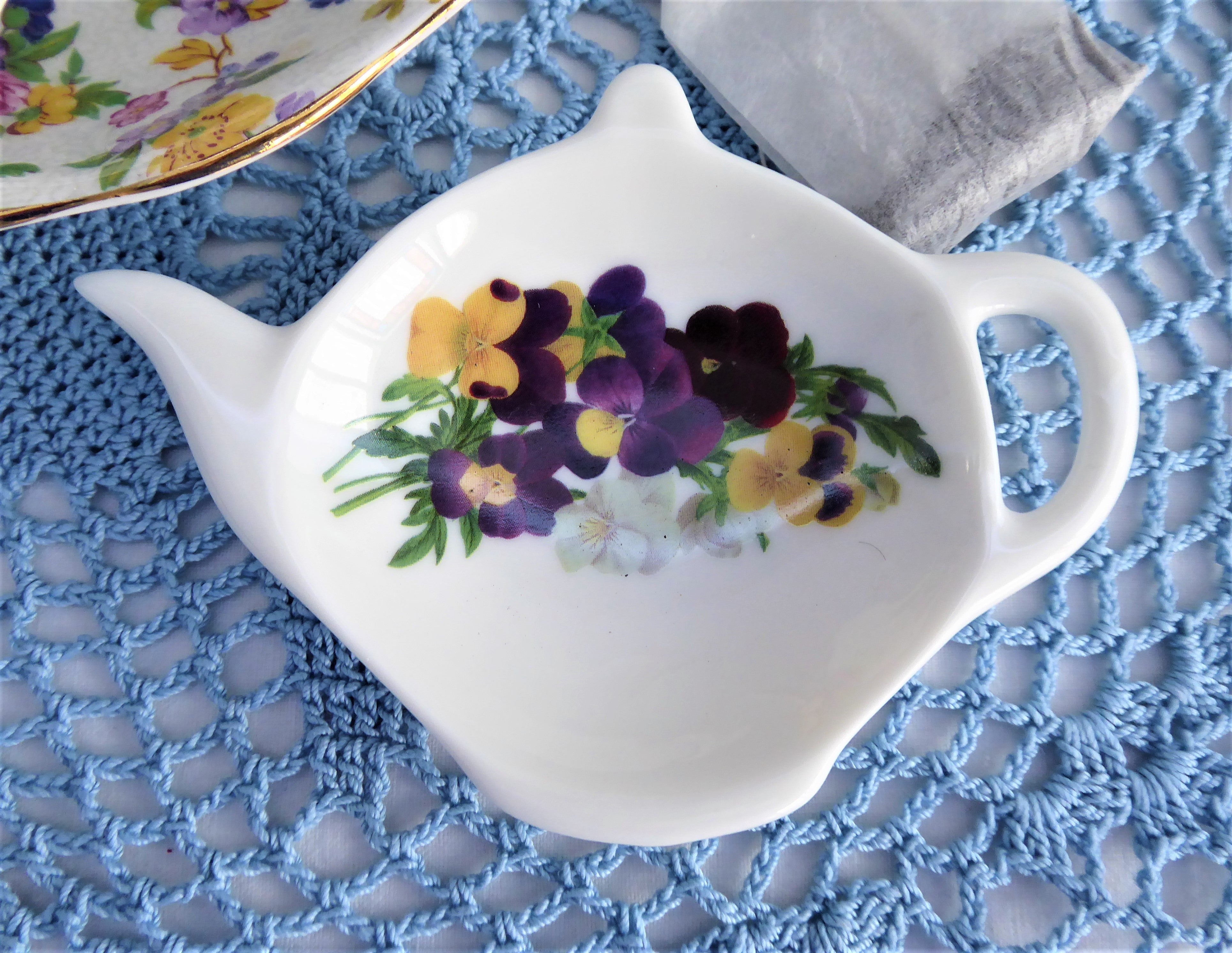 England Bone China Teapot-Shaped Tea Bag Caddy with Pansies & Violets Floral Design - Perfect for Afternoon Tea, Kitchen Storage & Vintage Collectors (2006)