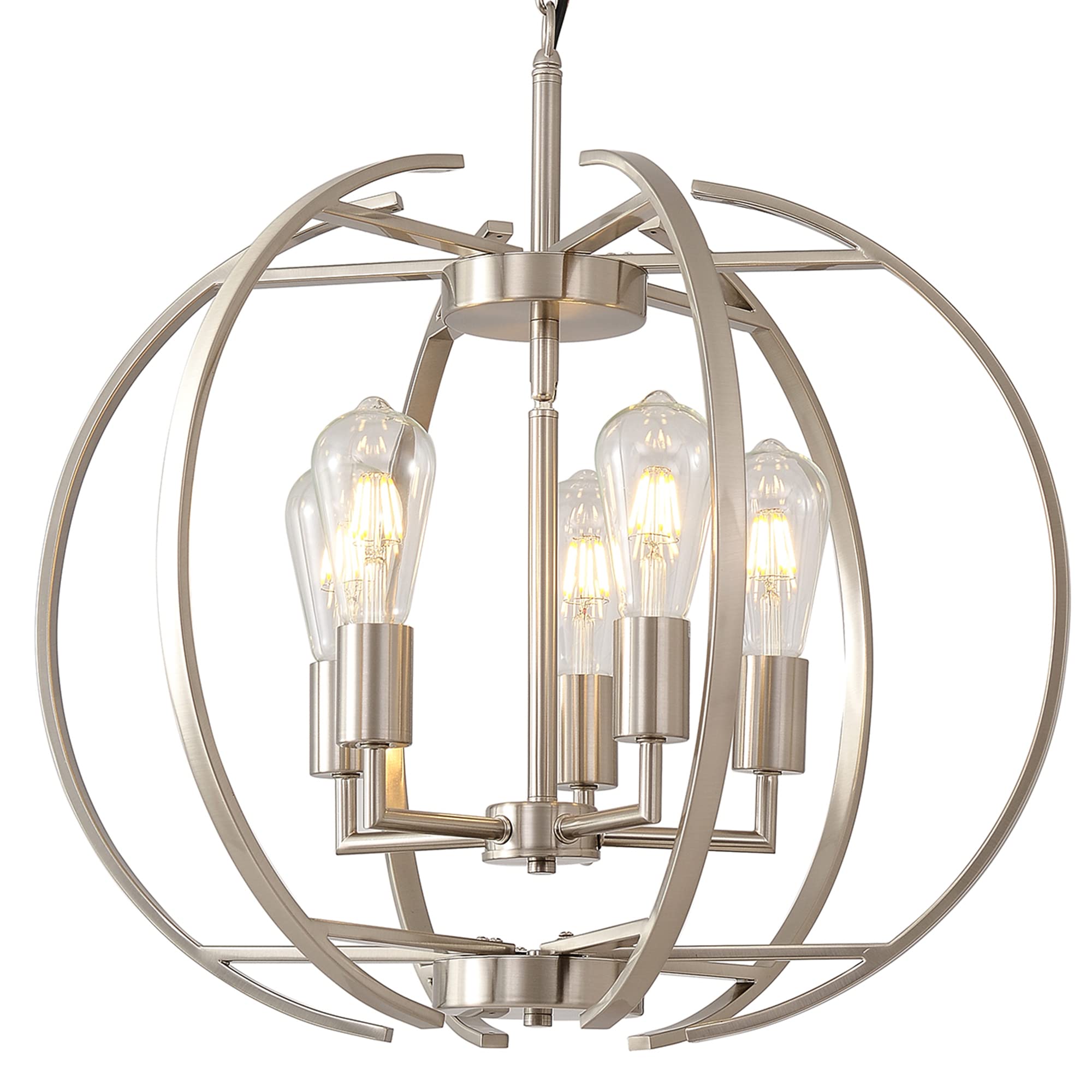 Brushed Nickel 5-Light Adjustable Hanging Chandelier - Large Lantern Globe Ceiling Pendant Light Fixture for Kitchen, Dining Room, Living Room, Bedroom, Hallway | Perfect for Modern Farmhouse, Industrial & Vintage Home Decor