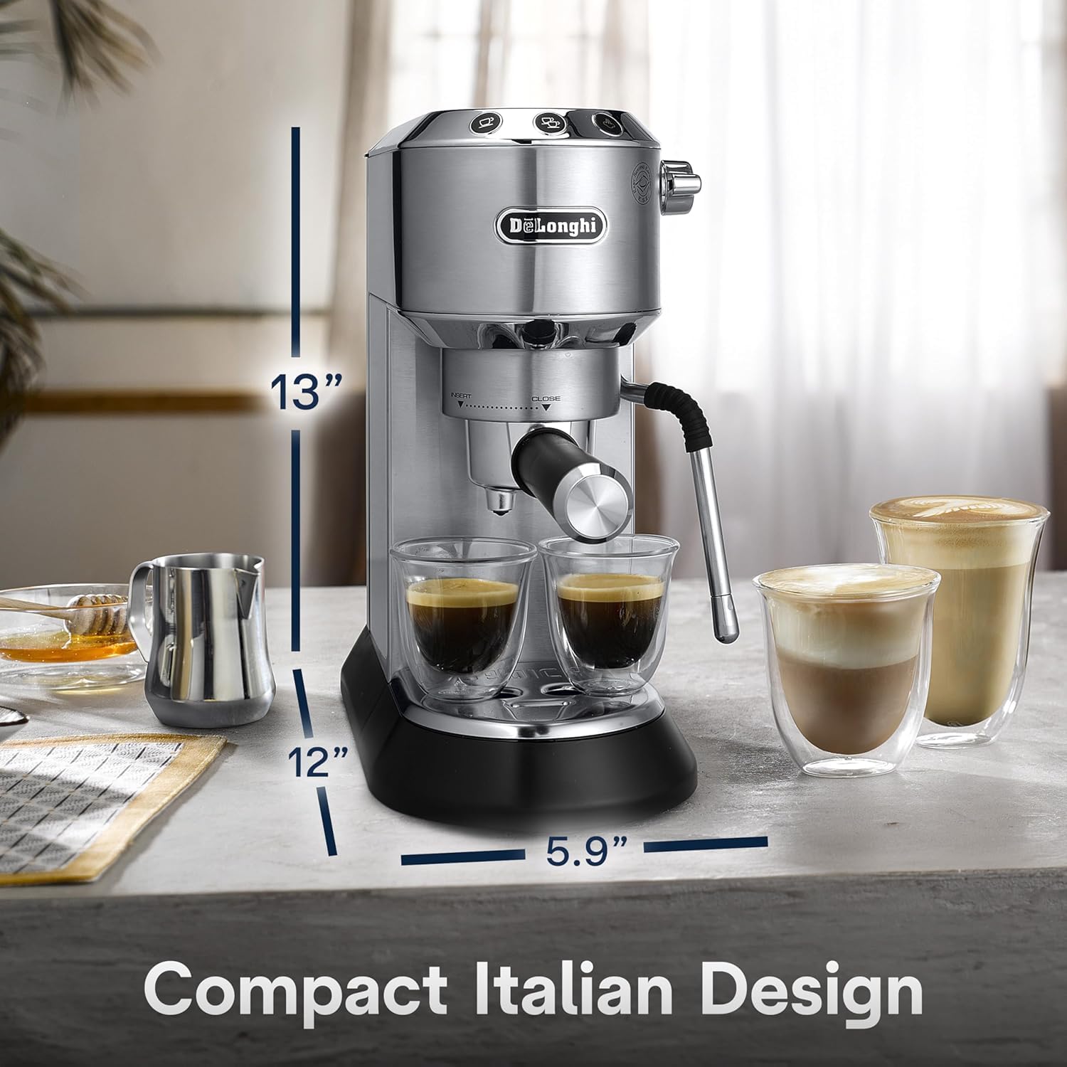 De'Longhi Dedica Arte Espresso Machine with Manual Milk Frother - 15 Bar Pump for Espresso, Cappuccino & Latte - 35oz Removable Water Tank - Compact Design for Home & Office Use - Silver (EC885M)