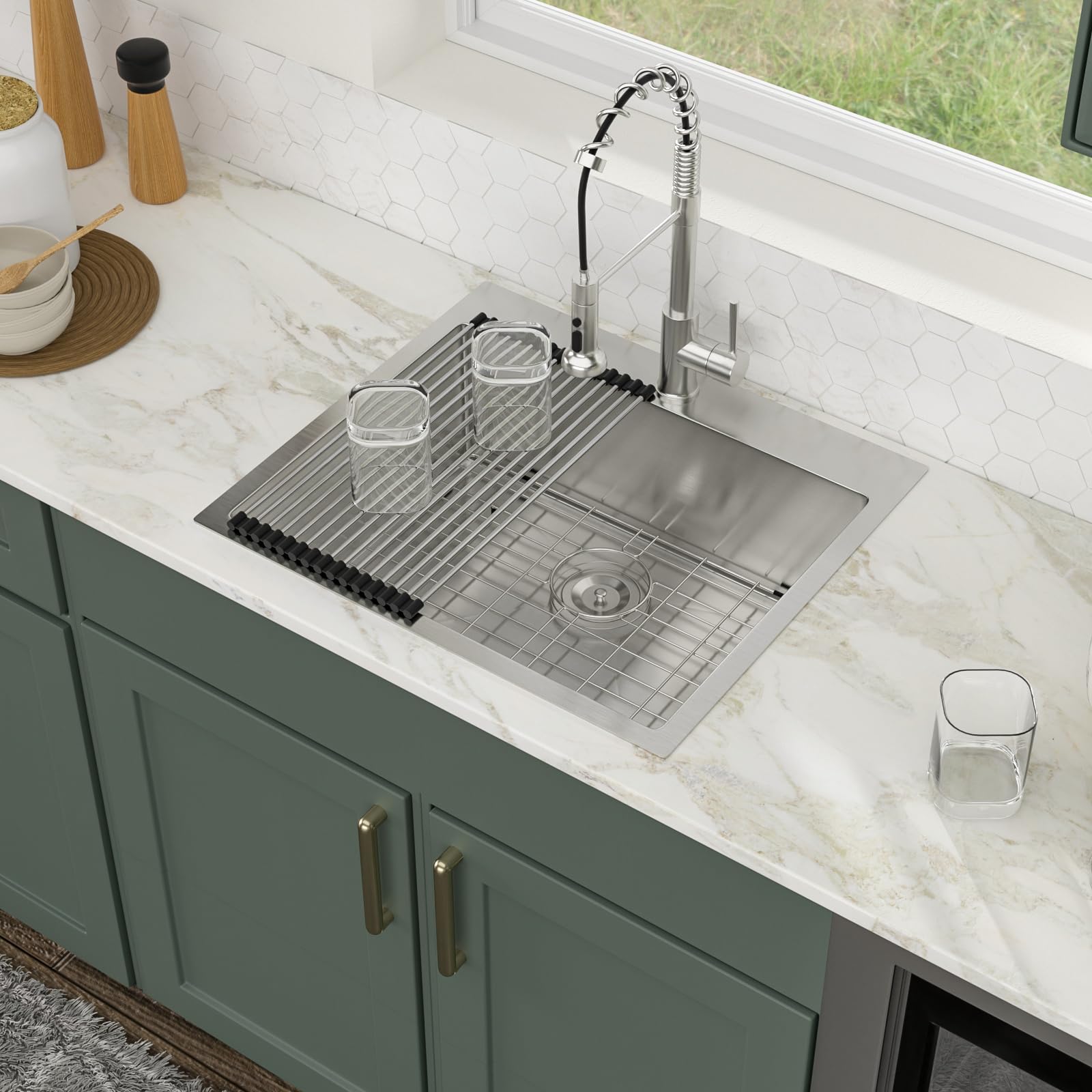 Logmey 25 Inch Drop In Kitchen Sink - Handmade 16 Gauge Stainless Steel Single Bowl Topmount Sink with Round Corners (25x22x9 Inches) - Perfect for Bar, Prep & Modern Kitchen Renovations