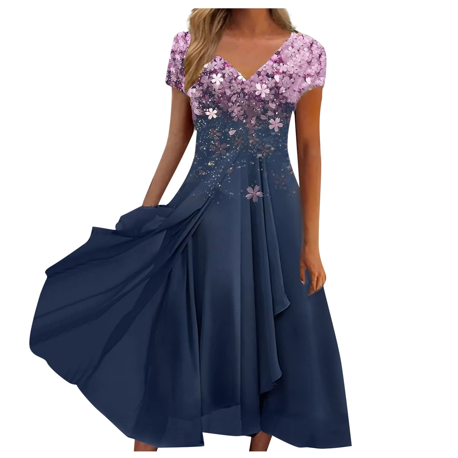 QUFECH Women's Casual Printed V-Neck Zip Short Sleeve Paneled Maxi Dress - Y2K Summer Fashion for Beach, Vacation & Street Style