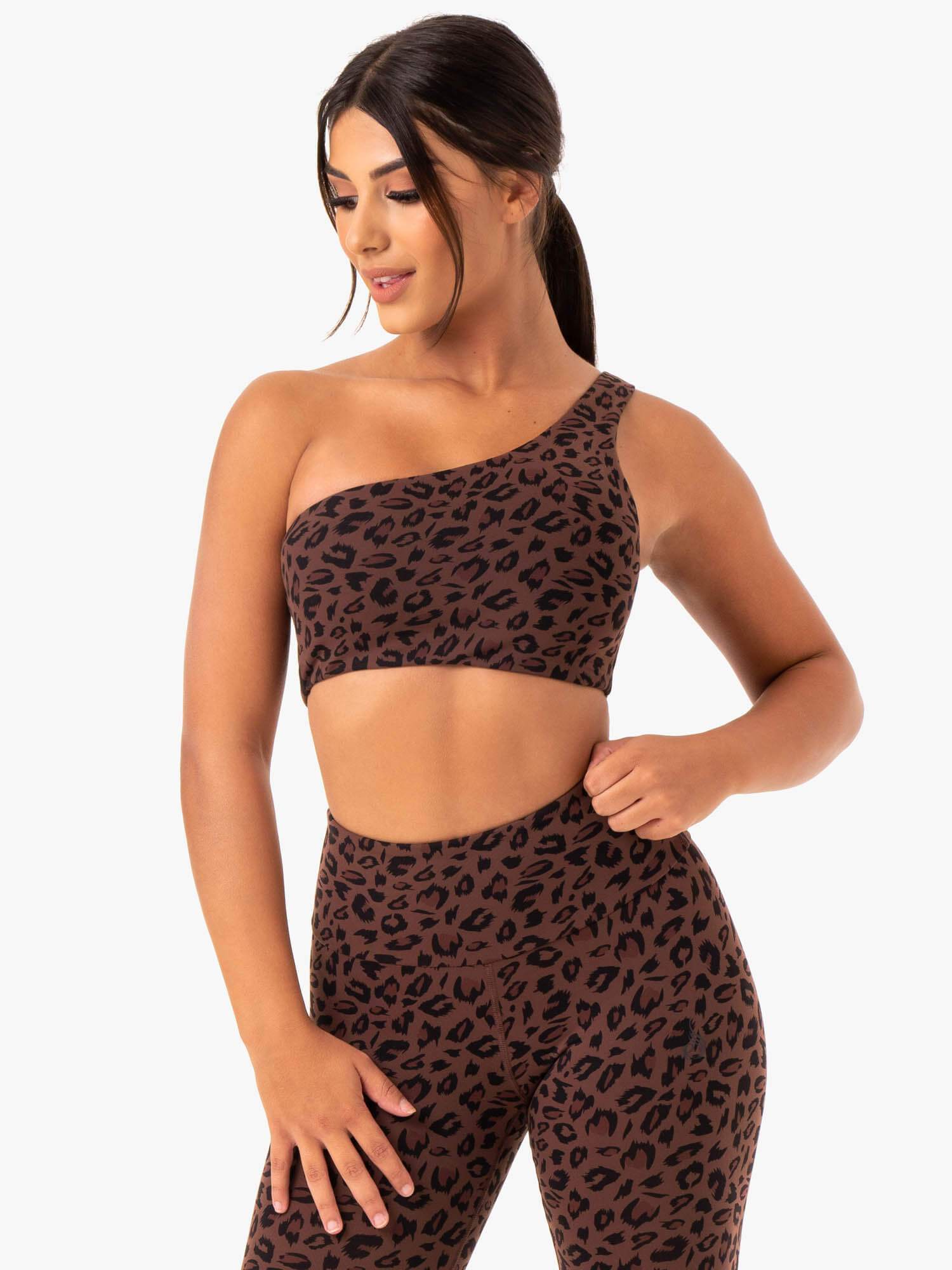 Adapt One Shoulder Sports Bra - Chocolate Leopard Print - High Support Workout Top for Running, Yoga & Gym - Breathable & Comfortable Activewear