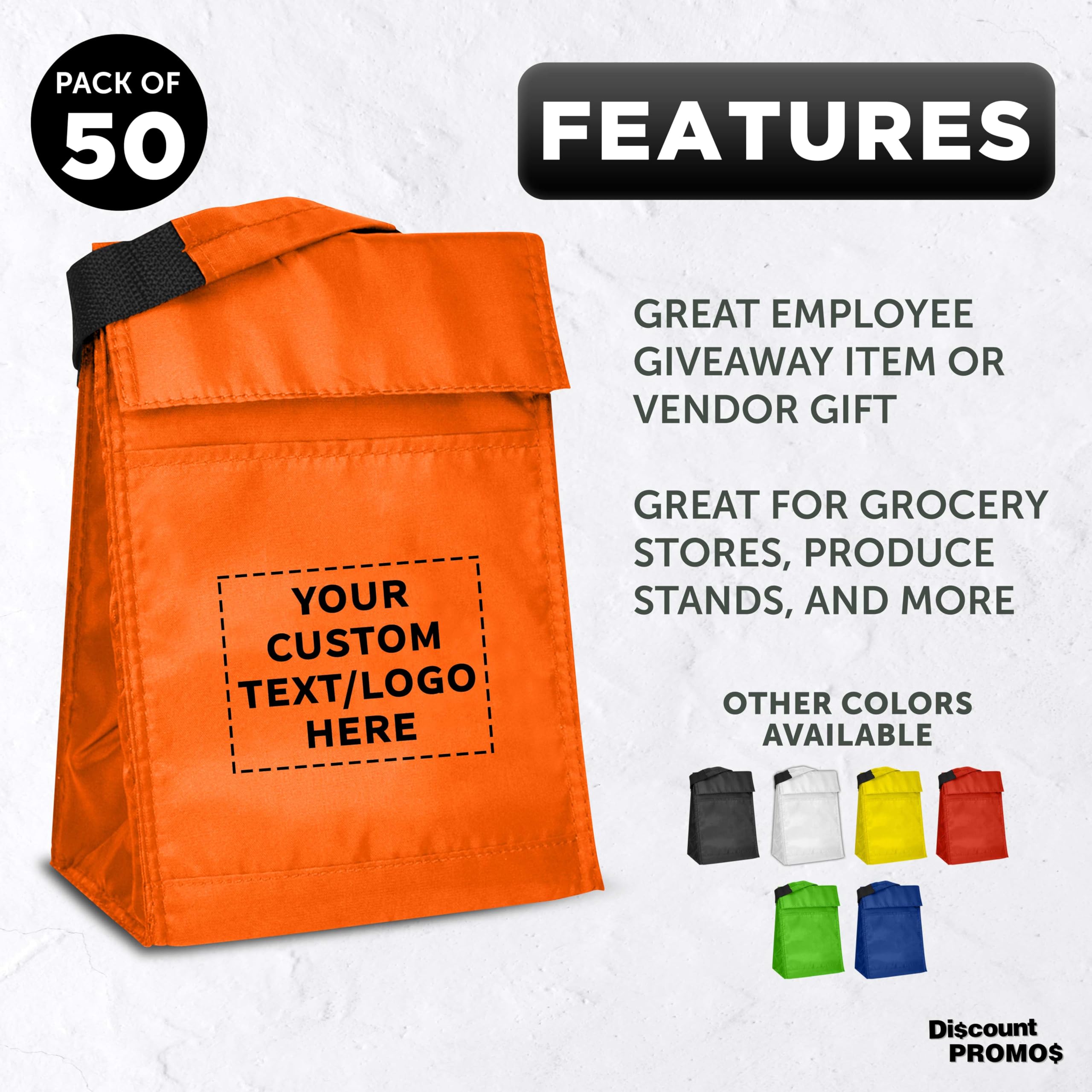 50-Pack Insulated Lunch Bags with Hook & Loop Closure - Custom Text & Logo Printing - Durable Polyester, Vibrant Orange - Perfect for School, Office & Picnics - Reusable & Eco-Friendly