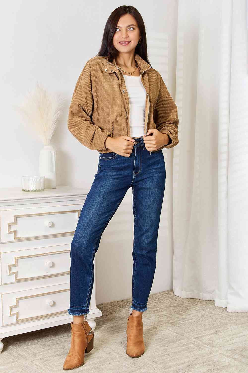 Camel Long Sleeve Dropped Shoulder Jacket for Women - Cozy Fall & Winter Outerwear - Perfect for Casual Outings, Travel & Street Style