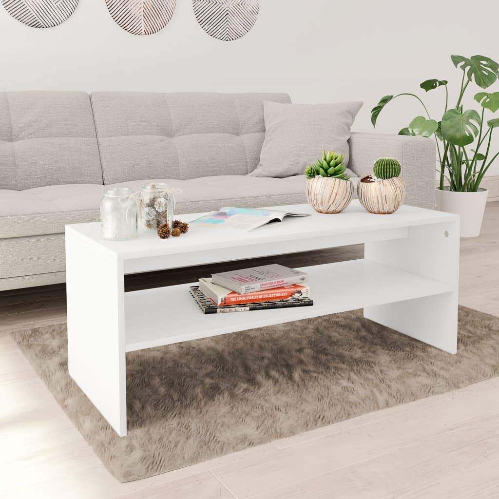 Modern White Rectangular Coffee Table with Storage Shelf - Elegant Cocktail Table, Sofa Table & Side Table for Living Room, Lounge & Office - Durable & Functional Home Decor