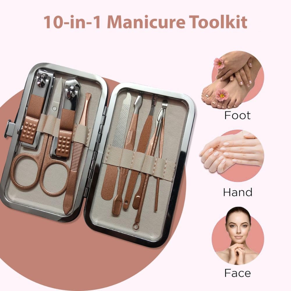 10-Piece Professional Manicure Kit for Women & Men - Nail Clippers, Acne Needle, Blackhead Remover Tools | Rose Gold Travel Grooming Set | Perfect Gift for Her & Him | Home, Travel & Salon Use