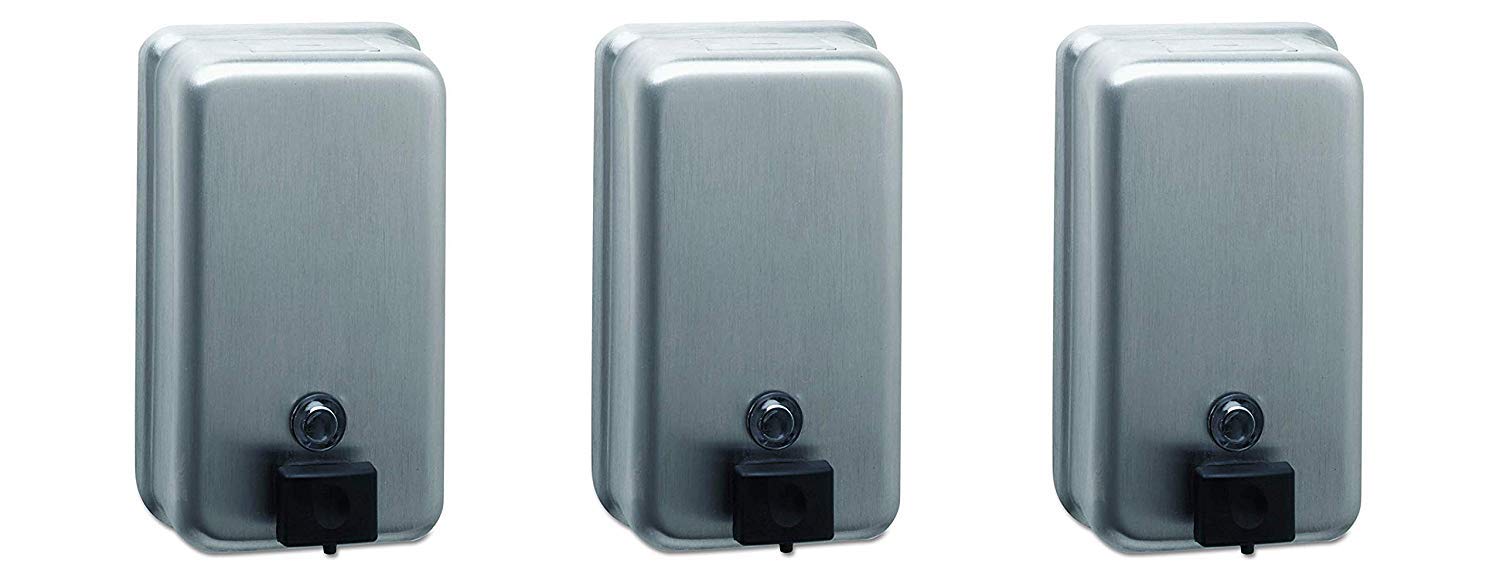 Bobrick 2111 ClassicSeries 40oz Stainless Steel Wall Mount Soap Dispenser - 3 Pack for Restrooms, Kitchens & Commercial Use
