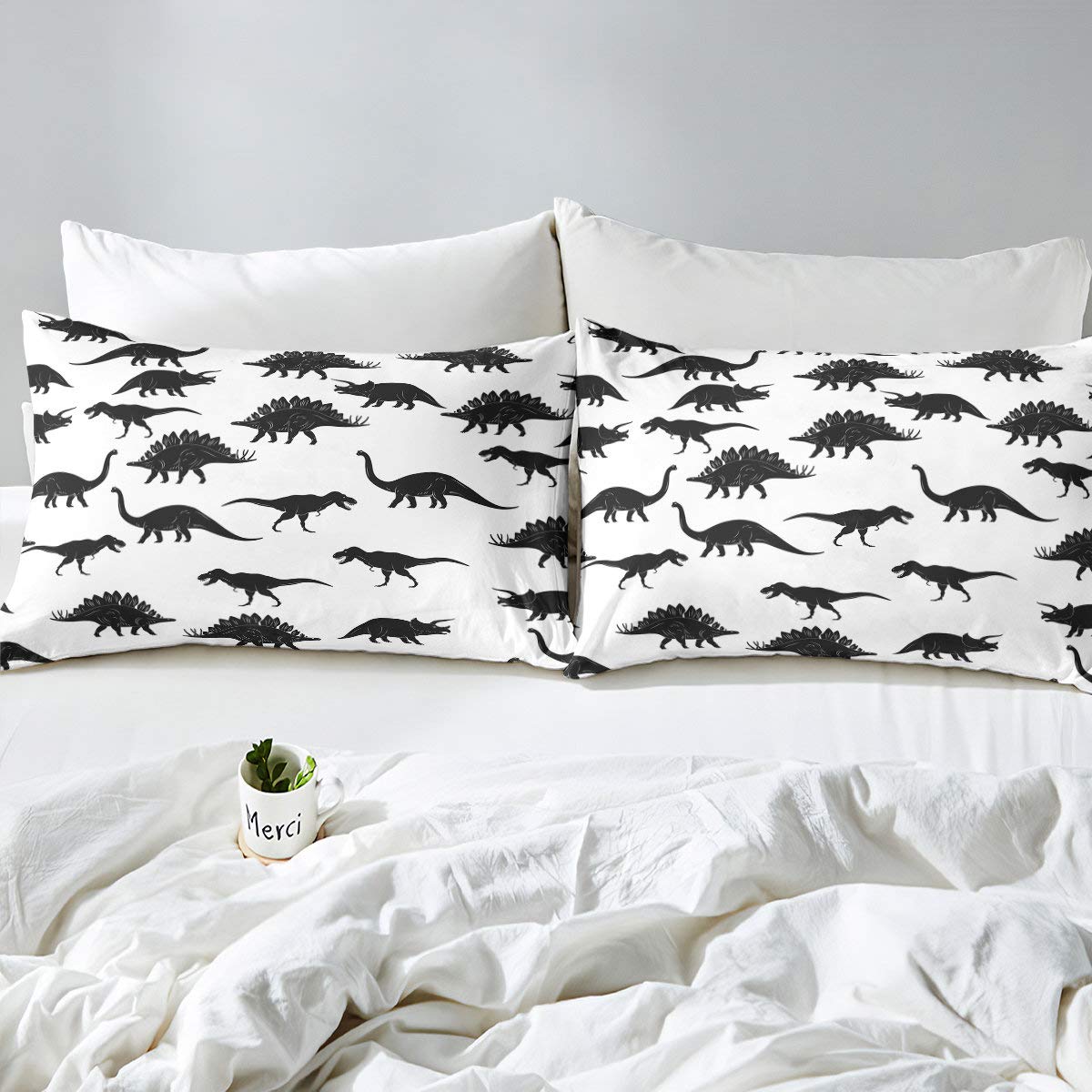 **Erosebridal Boys Dinosaur Bed Sheet Set Queen Size - 4-Piece Kids Jungle Animal Bedding with Fitted Sheet, Flat Sheet & 2 Pillowcases - Black & White Wildlife Theme for Children, Girls & Teens Bedroom Decor - Perfect for Dinosaur Lovers & Jungle-Themed Rooms**