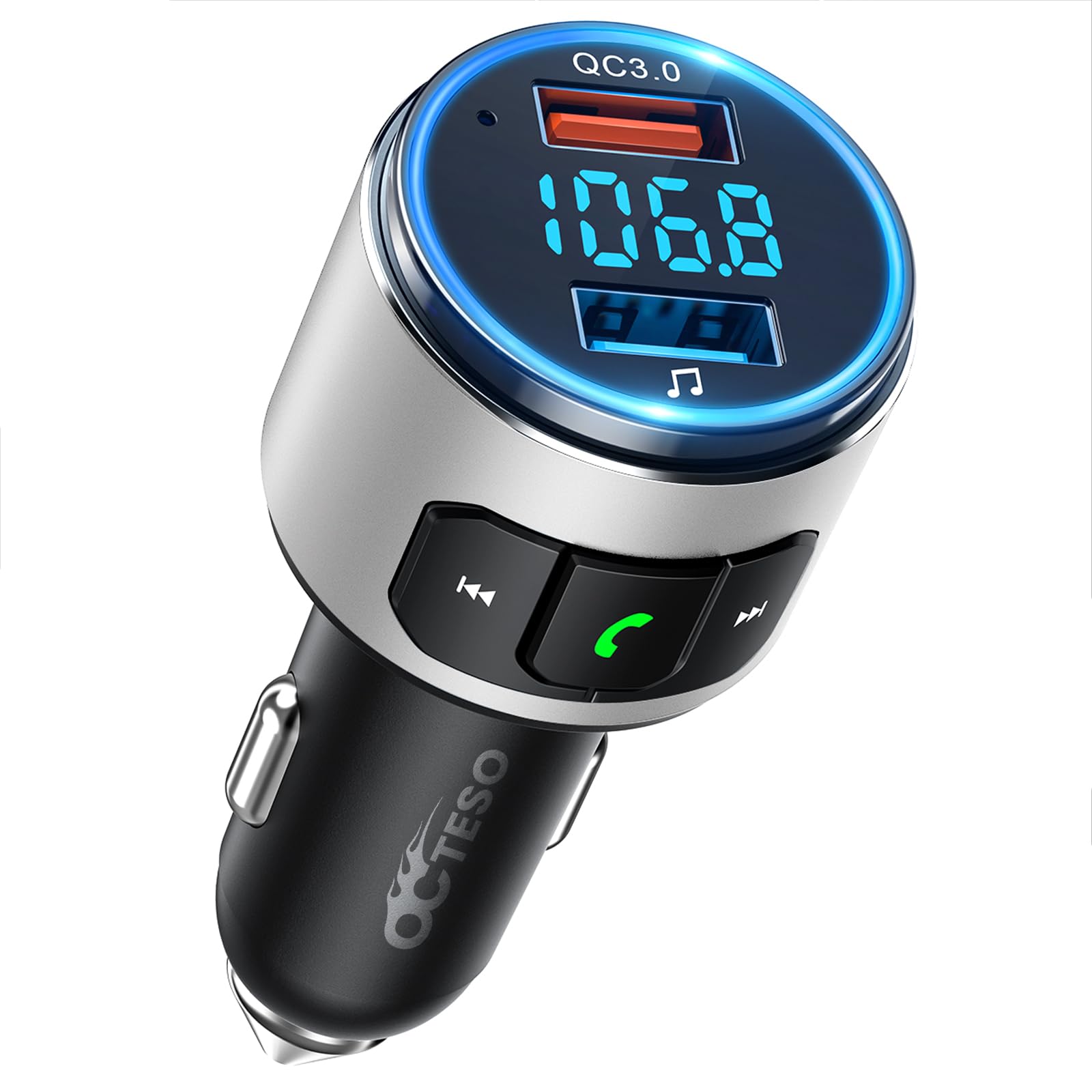 Upgraded V5.3 Bluetooth FM Transmitter for Car - Wireless Music Player with QC3.0 Fast Charging, LED Backlit Display & Hands-Free Calling | Compatible with Siri & Google Assistant (Silver) | Perfect for Road Trips, Commuting & Streaming Music in Your Vehicle