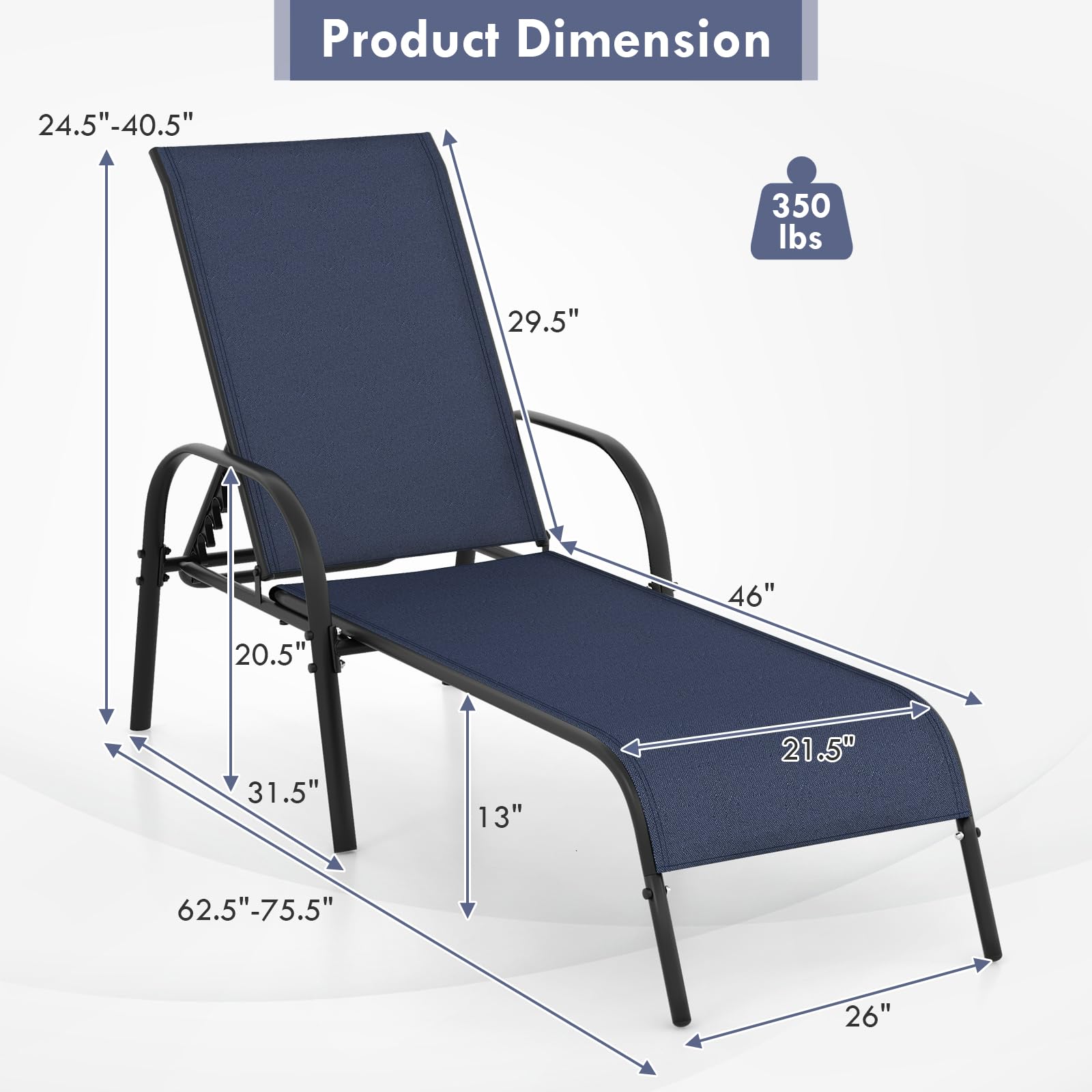 Giantex 2 Pack Adjustable Patio Lounge Chairs - Heavy Duty Steel Frame Outdoor Chaise Lounge with 5-Position Backrest - Perfect for Sunbathing, Beach, Poolside, Backyard & Balcony Relaxation - Navy Blue