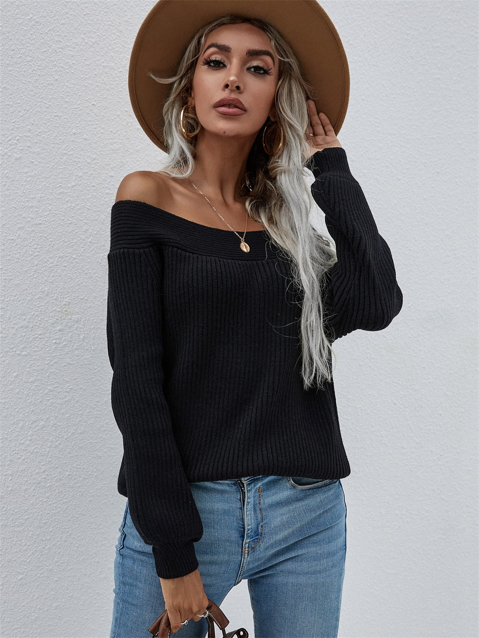 Women's Off Shoulder Sweater - Long Sleeve Loose Batwing Sleeves Pullover Knit Jumper, Casual Oversized Waffle Tunic Tops for Fall & Winter, Perfect for Date Nights, Office Wear and Weekend Outfits