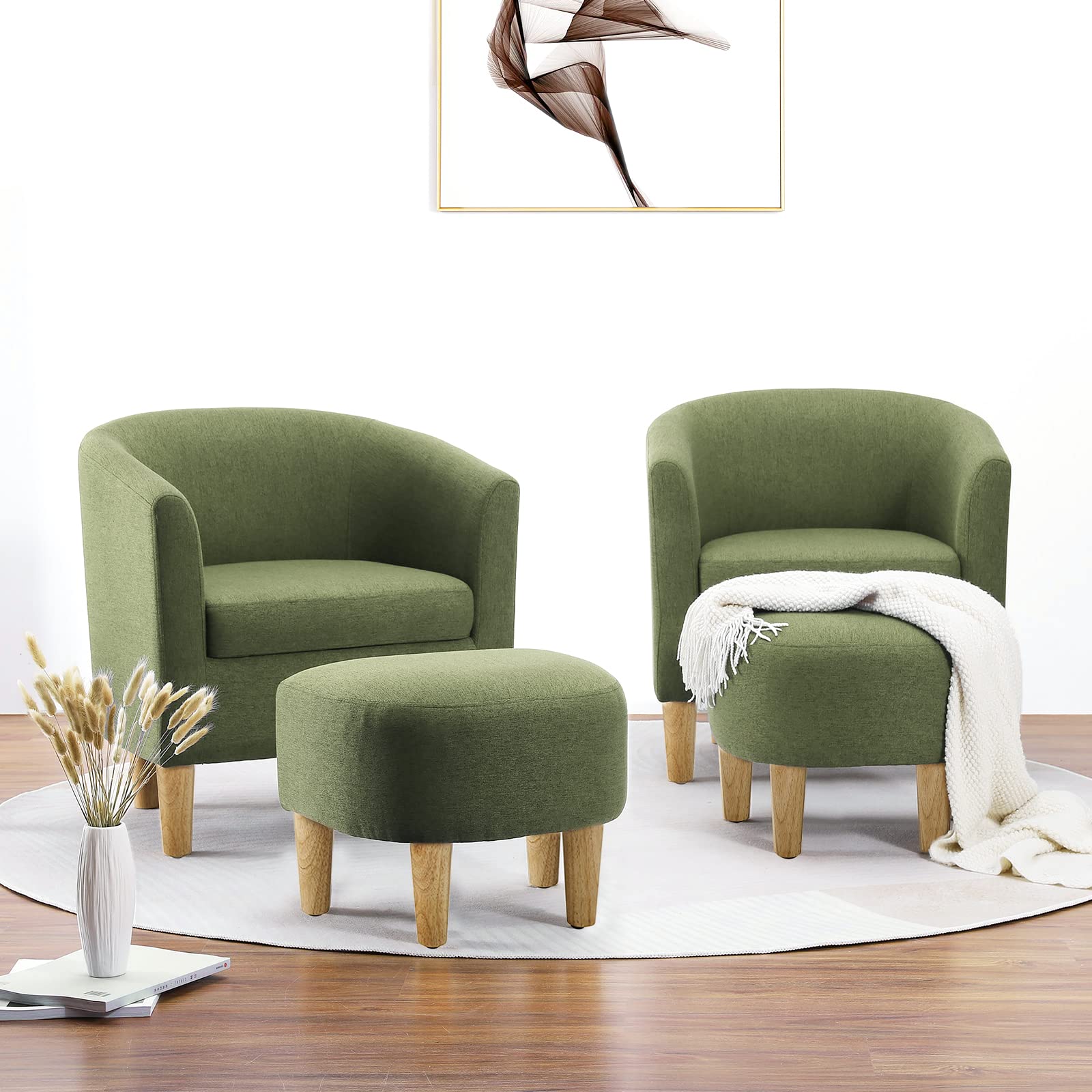 Mid Century Modern Accent Chair with Ottoman - Barrel Club Tub Sofa in Green Upholstery, Comfy Armchair with Footrest for Living Room, Bedroom & Reading Nook - Set of 1 - Perfect for Relaxing & Home Decor