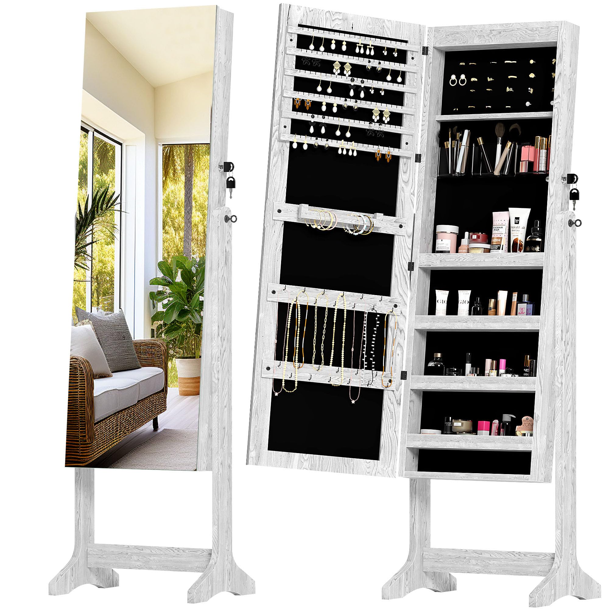 Full Length Mirror Jewelry Cabinet with Storage - White Wooden Standing Jewelry Organizer & Makeup Mirror | Perfect for Bedroom, Dressing Room & Closet Organization