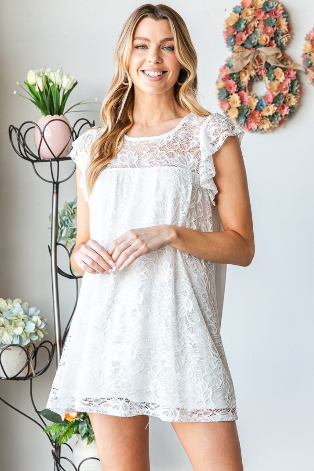 Heimish Women's Full Size Round Neck Cap Sleeve Lace Blouse - Elegant Casual Top for Summer Outings & Date Nights