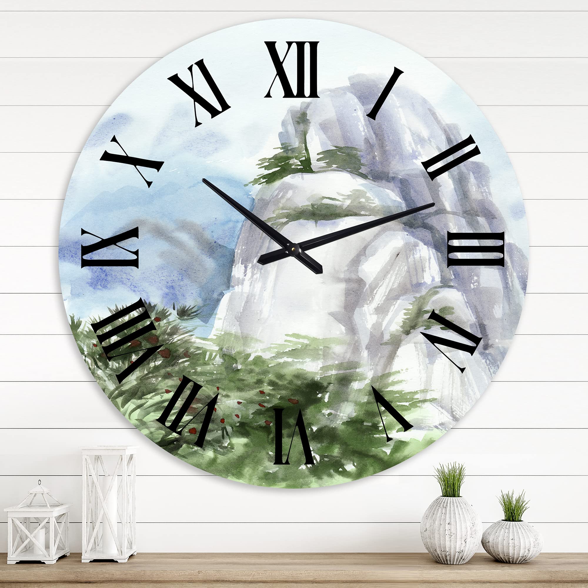 DesignQ Traditional 'Mountain Top in The Clouds' Large Wall Clock - Nature Landscape Home Decor for Living Room, Bedroom & Office