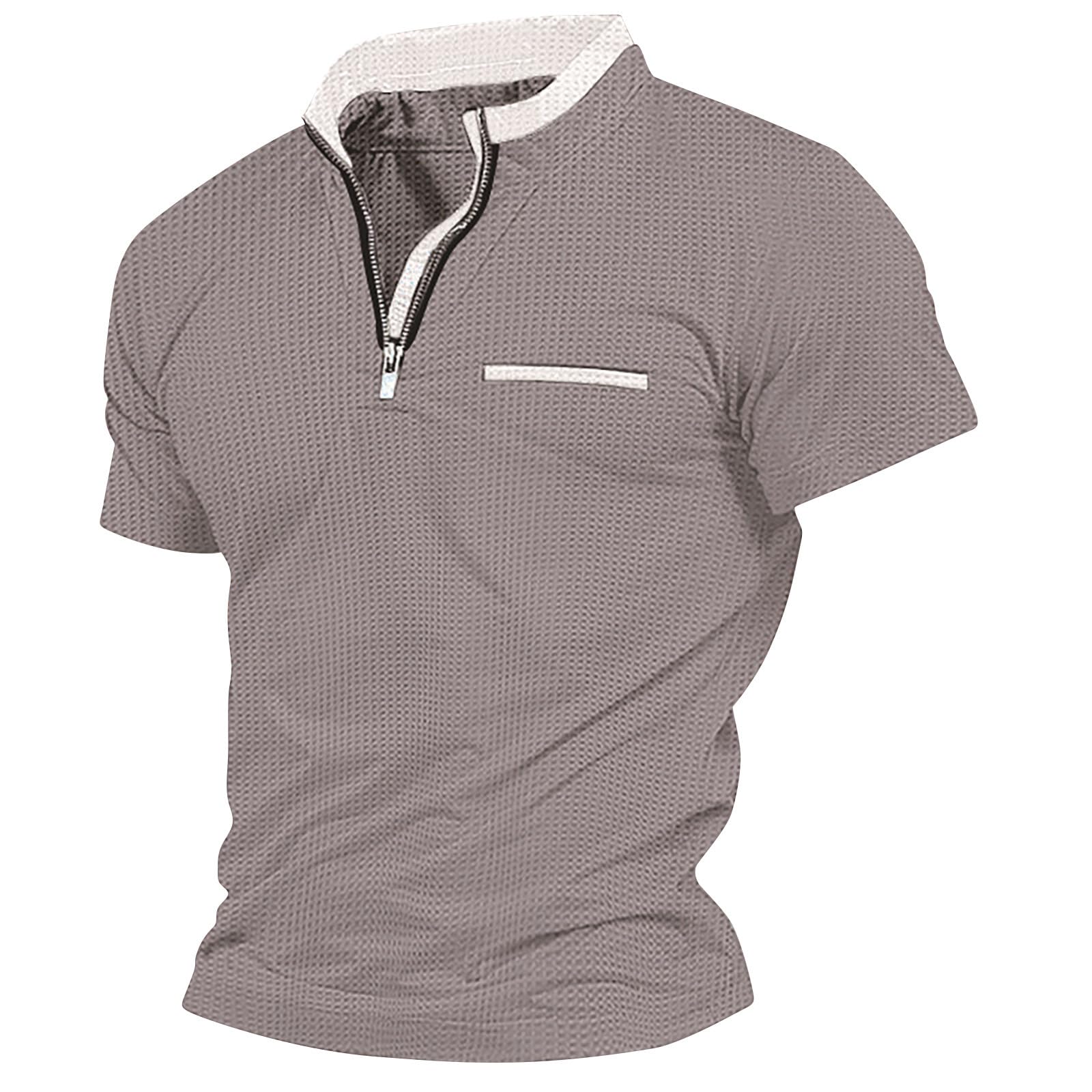 Men's Waffle Henley Shirt - Short Sleeve Breathable Summer T-Shirt with Zipper & Pocket - Casual Comfort Top for Outdoor Activities & Daily Wear
