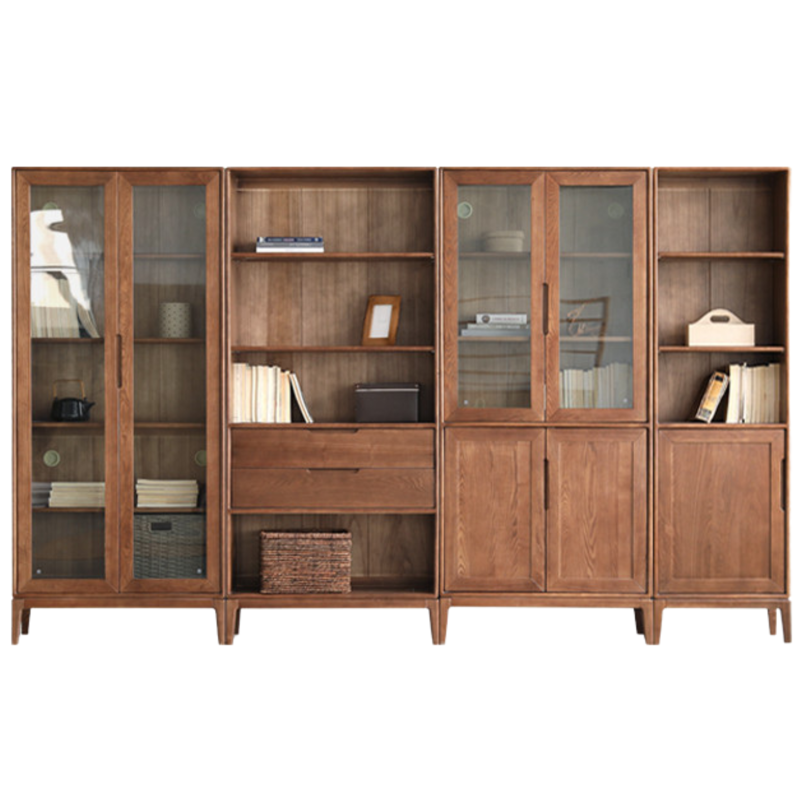 Premium Black Walnut & Ash Solid Wood Bookcase with Dust-Proof Glass Doors - Stylish Home Office & Living Room Storage Solution