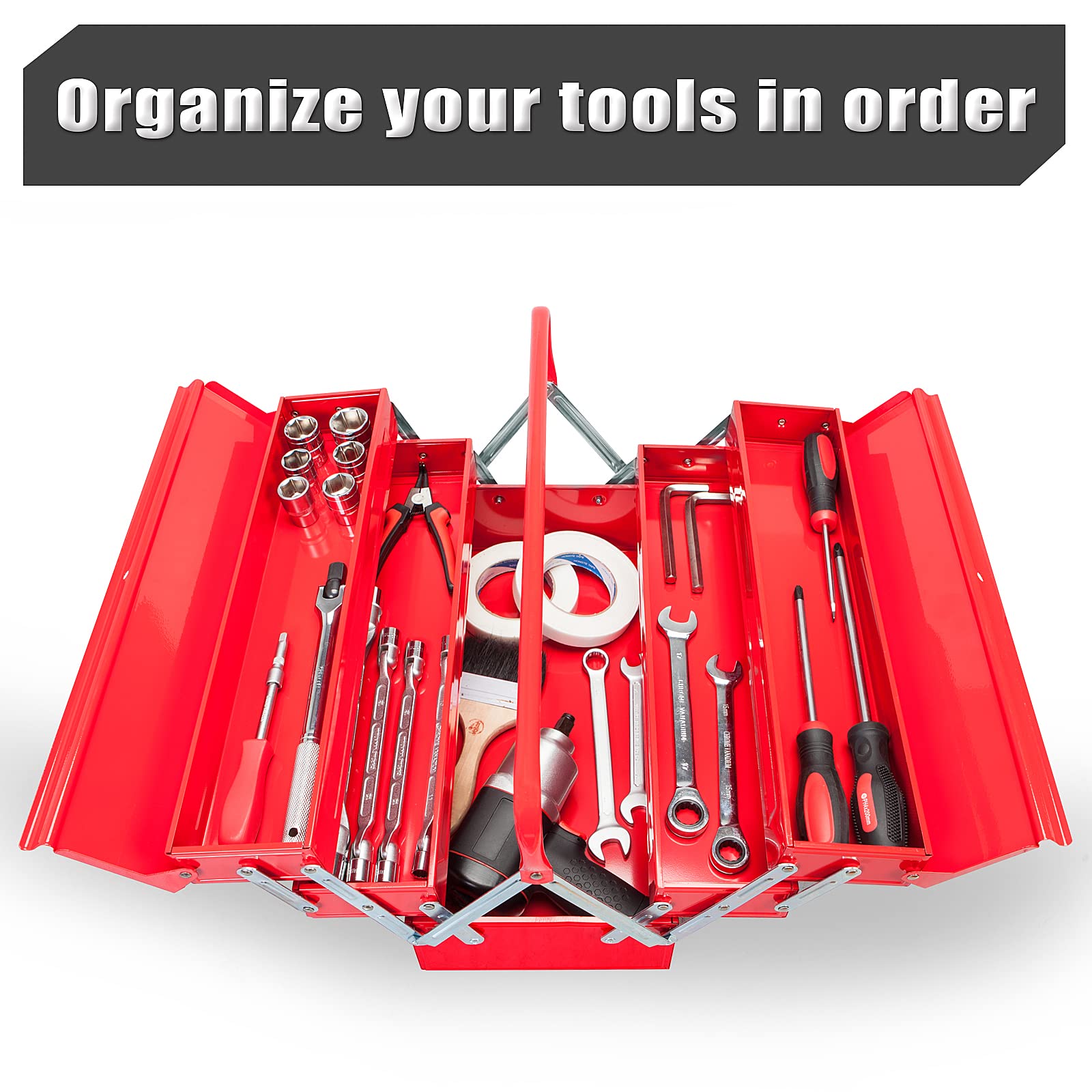 TCE 18 Inch Heavy Duty Metal Tool Box - Portable Steel Tool Storage Cabinet with 5 Cantilever Trays (ANTBC-128U, Red) - Perfect for Mechanics, DIY Projects & Workshop Organization