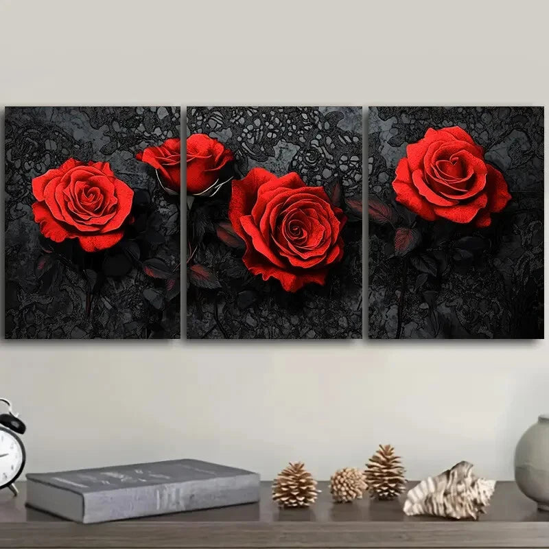 3-Piece Gothic Red Rose Metal Wall Art Print - Ready to Hang Home Decor for Living Room, Bedroom & Office