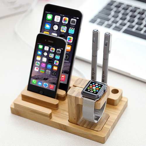 Bamboo Wooden Charging Stand for Apple Watch & iPhone 6S Plus - Multi-Device Desktop Organizer with Pen Holder | Perfect for Office, Home Desk & Nightstand Charging Station