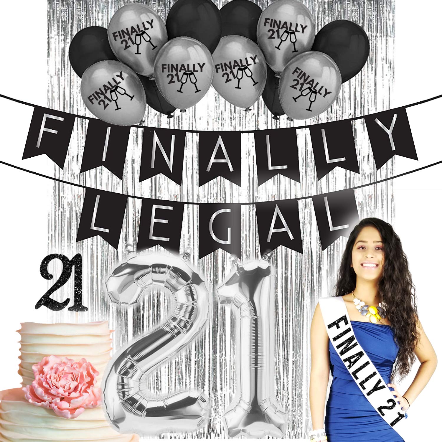 21st Birthday Party Decorations for Women - 21 Balloons, Backdrop, Cake Topper, Sash & Gift Set | Perfect for Milestone Celebrations, Girls' Night Out & Instagrammable Birthday Photos