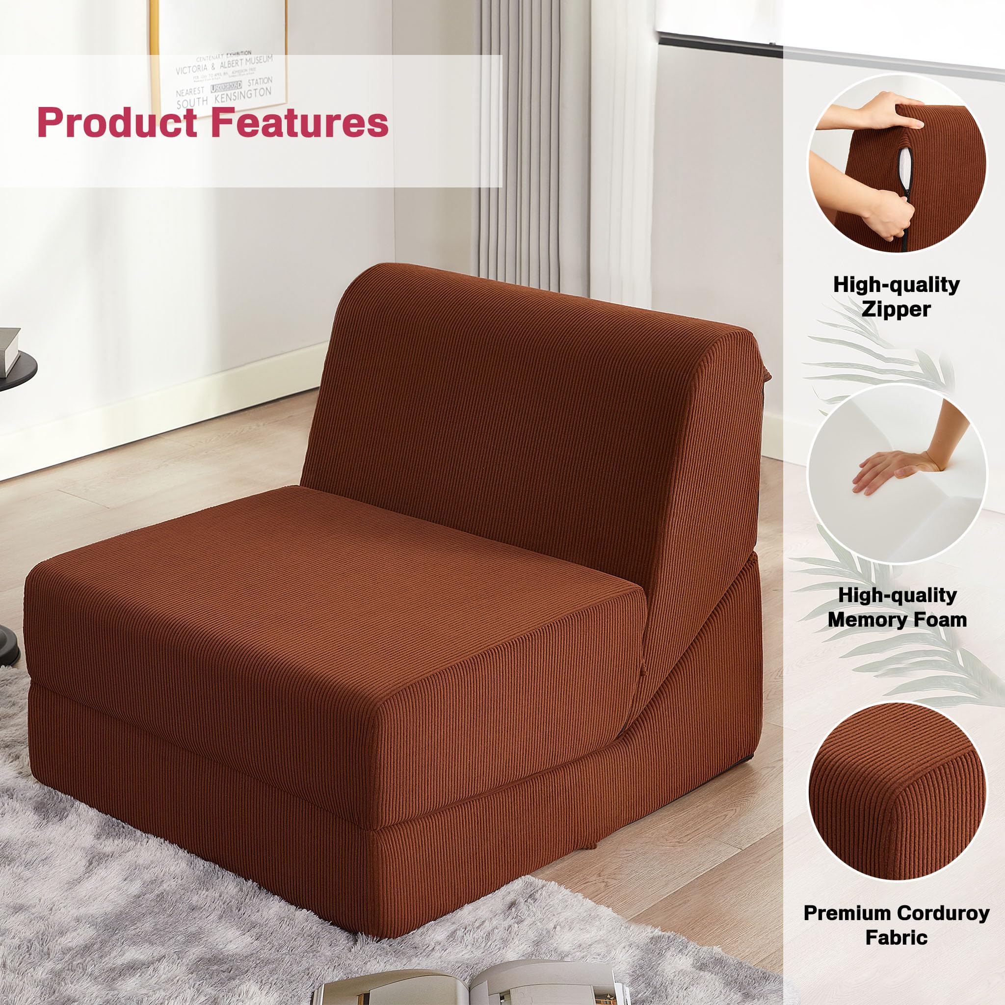 BIGSYY Convertible Fold Out Chair Bed - Memory Foam Sleeper Sofa with Corduroy Cover, Brown | Space-Saving Futon Couch for Living Room, Bedroom & Guest Room | Perfect for Small Apartments, Studio Living & Overnight Guests