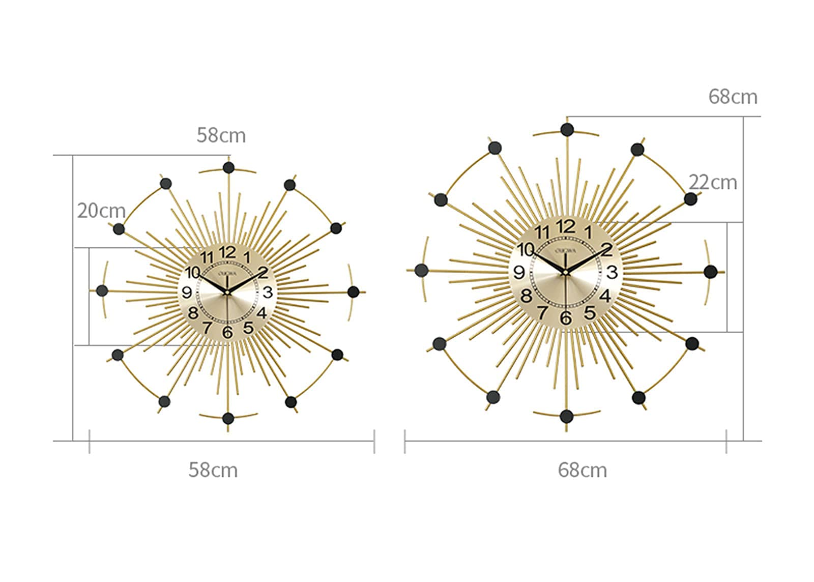 Modern Round Metal Wall Clock - Silent Iron Sunburst Design for Home & Hotel Decor - Gold 58cm - Perfect for Living Room, Bedroom & Office Interior Decoration