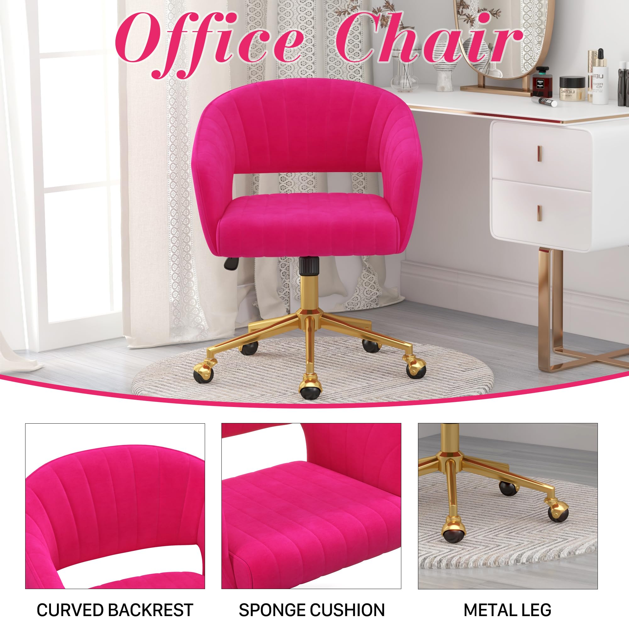Luxury Velvet Swivel Office Chair with Gold Base - Ergonomic Tufted Desk Chair for Women & Girls, Modern Accent Armchair for Home Office, Study, Computer Work & Living Room (Hot Pink) - Comfortable & Stylish Seating Solution
