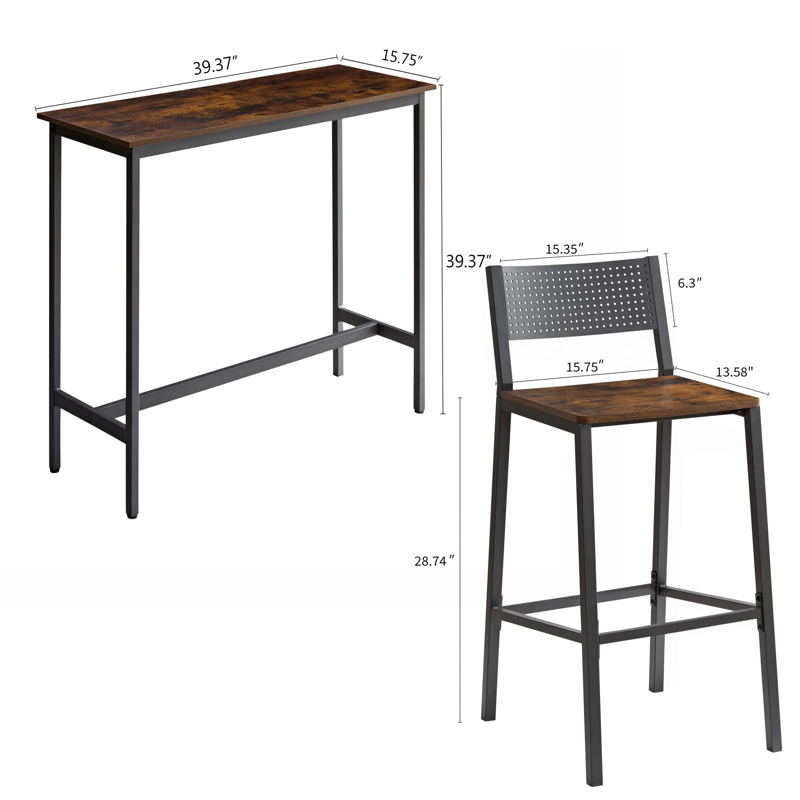 3-Piece Industrial Bar Table and Chairs Set for 2 - Adjustable Height Metal Base Kitchen Counter Dining Set in Brown | Perfect for Small Spaces, Bars, Restaurants & Home Kitchens