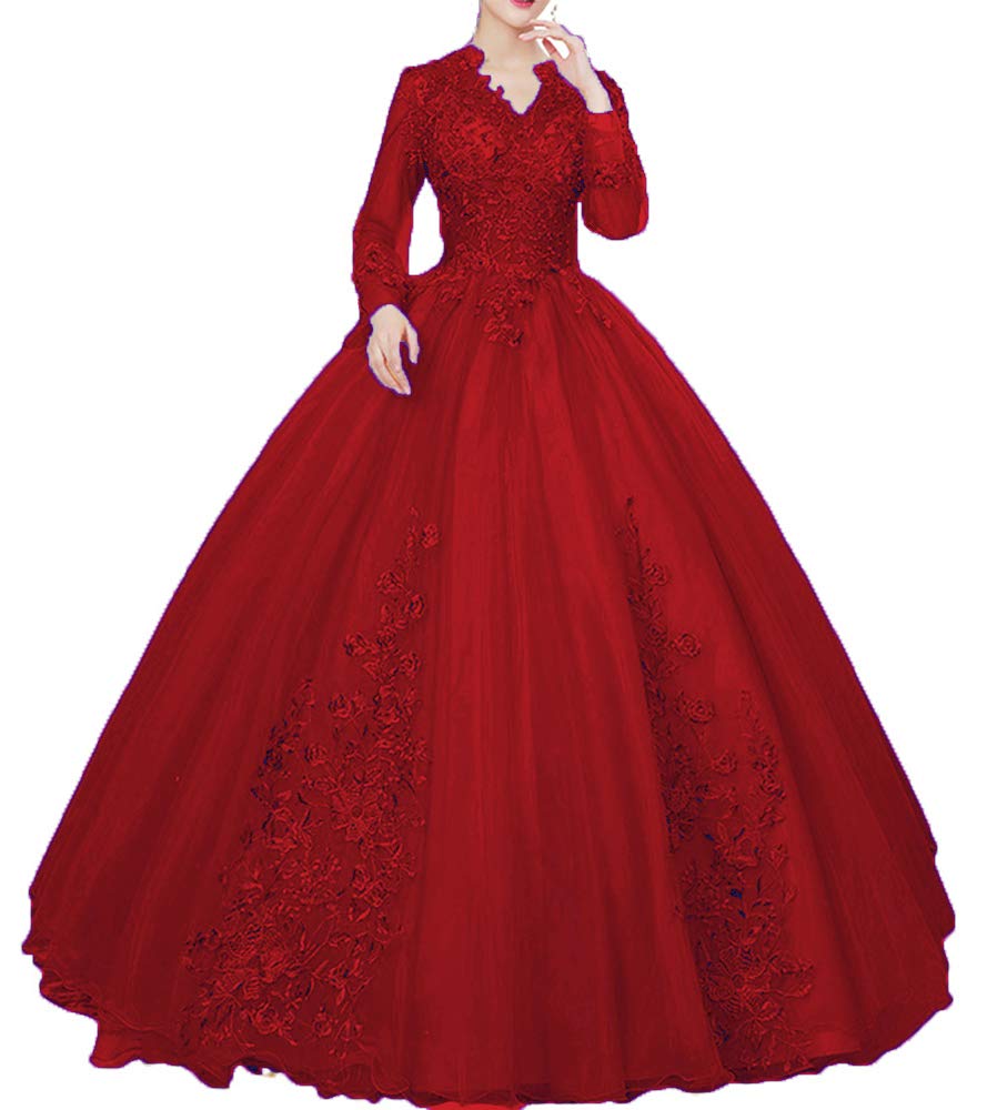 LBKKC Women's Quinceanera Dresses - Elegant Long Sleeve Ball Gown Prom Dress with Tulle & Lace, Floor-Length Sweet 16 Dress for Plus Size - Perfect for Quinceañeras, Proms, Weddings & Formal Events