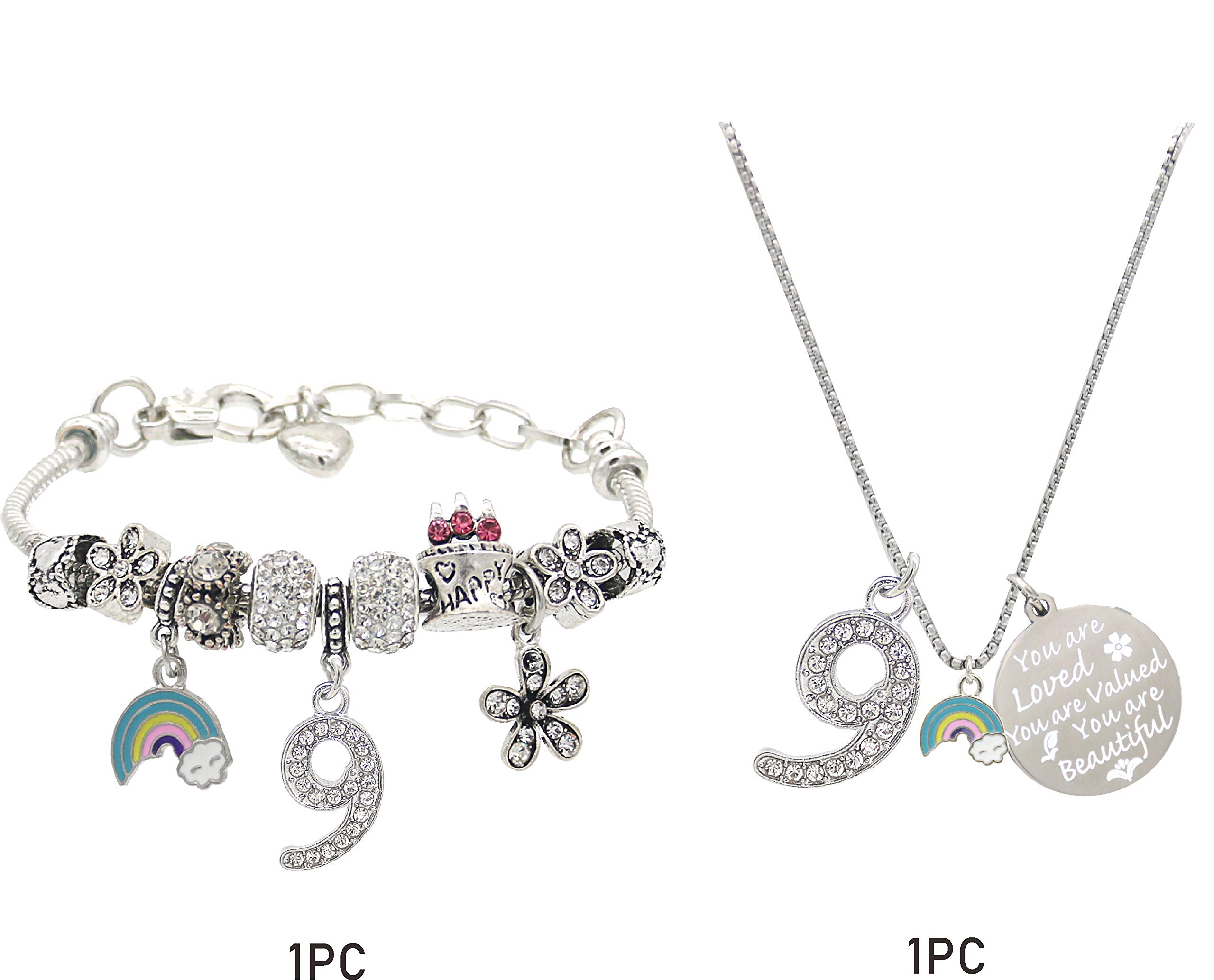 9th Birthday Gifts for Girls - Personalized Necklace & Charm Bracelet Set for 9 Year Old Girls | Unique Birthday Present for Daughter, Granddaughter, Niece | Perfect for Birthday Parties, Special Occasions & Everyday Wear