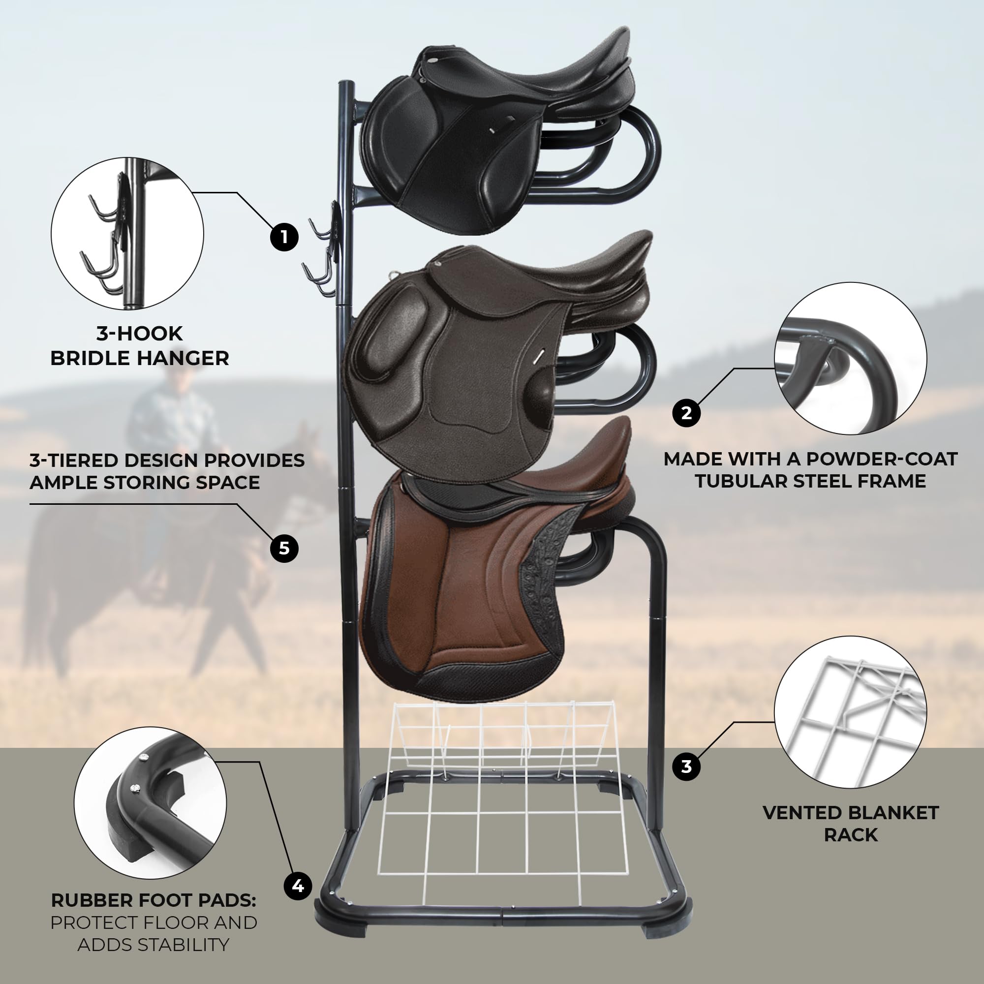 HOMESTEAD 3 Tier Heavy Duty Saddle Stand - Removable & Rotating Saddle Rack for English & Western Saddles - Bridle Hooks for Tack Room Organization - Perfect for Stable, Barn & Equestrian Storage