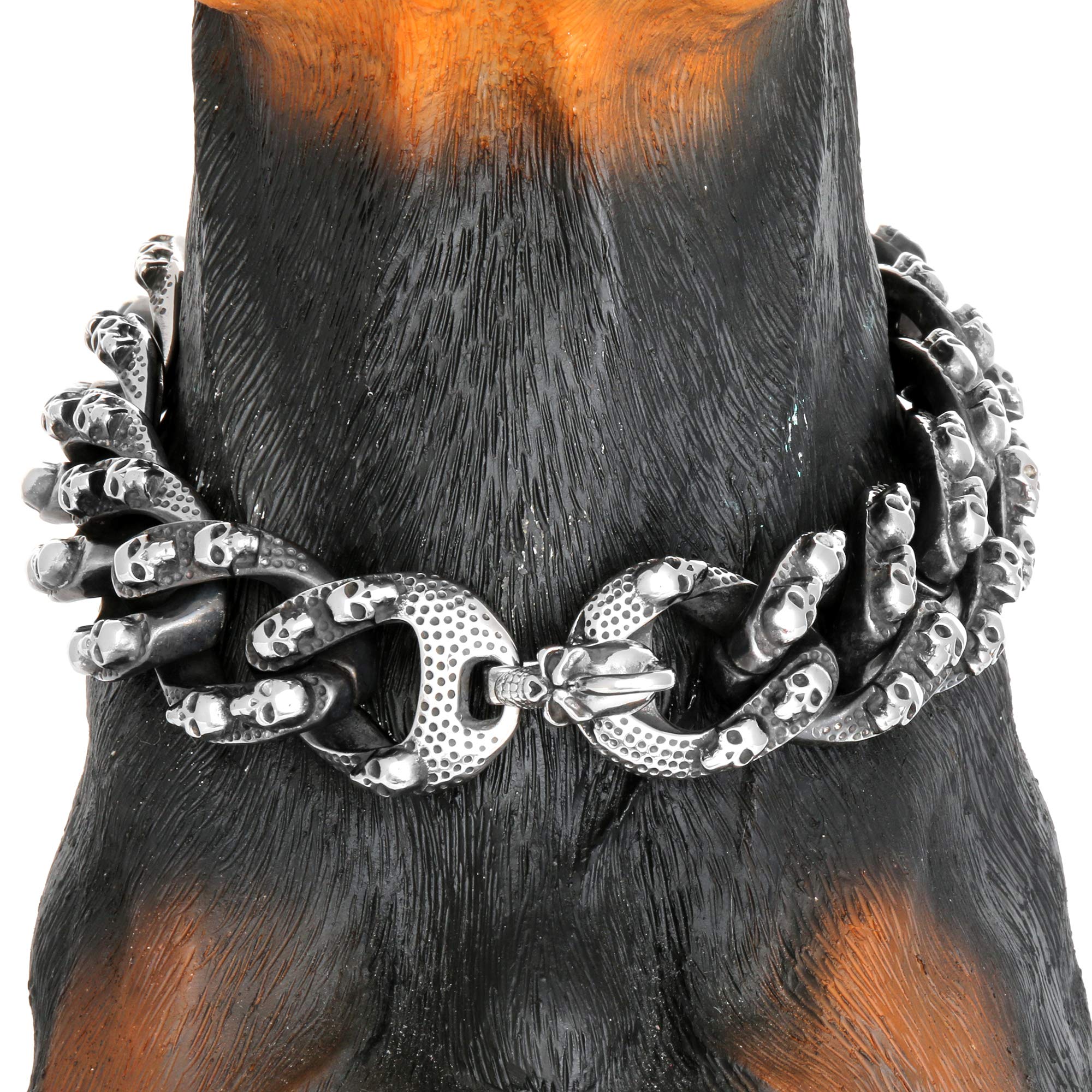 TXPRODOGCHAINS Skull Dog Collar - Antique Black Gothic Stainless Steel Cuban Link Choke Chain for Large Dogs (16-26 inch) - Punk Style 30mm Wide Necklace Collar with Carved Skulls - Perfect for Training, Walking & Punk Fashion Pet Accessories