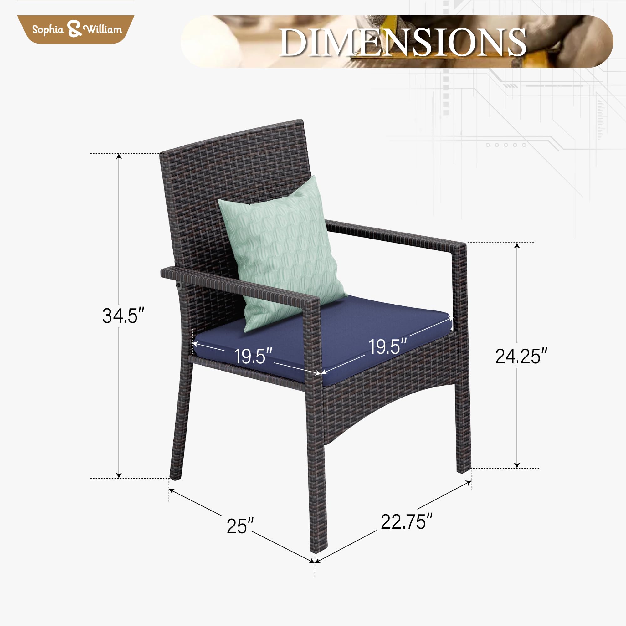 Sophia & William 4-Piece Patio Chair Set - All-Weather Wicker Outdoor Dining Chairs with Cushions - Lightweight Rattan Furniture for Backyard, Garden, Poolside & Terrace Dining