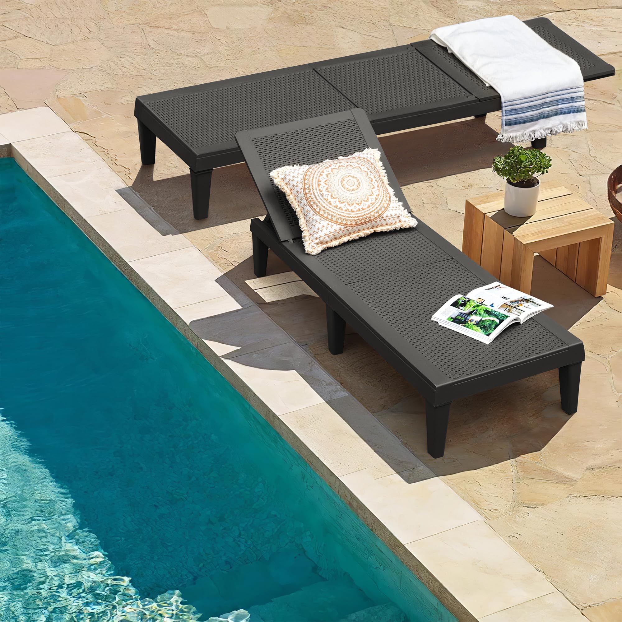 Homall Outdoor Lounge Chairs Set of 2 - Quick Assembly Waterproof Patio Chaise Lounge with Adjustable Backrest for Pool, Beach, Garden - Perfect for Relaxing by the Pool, Sunbathing at Beach or Lounging in Backyard (Black)