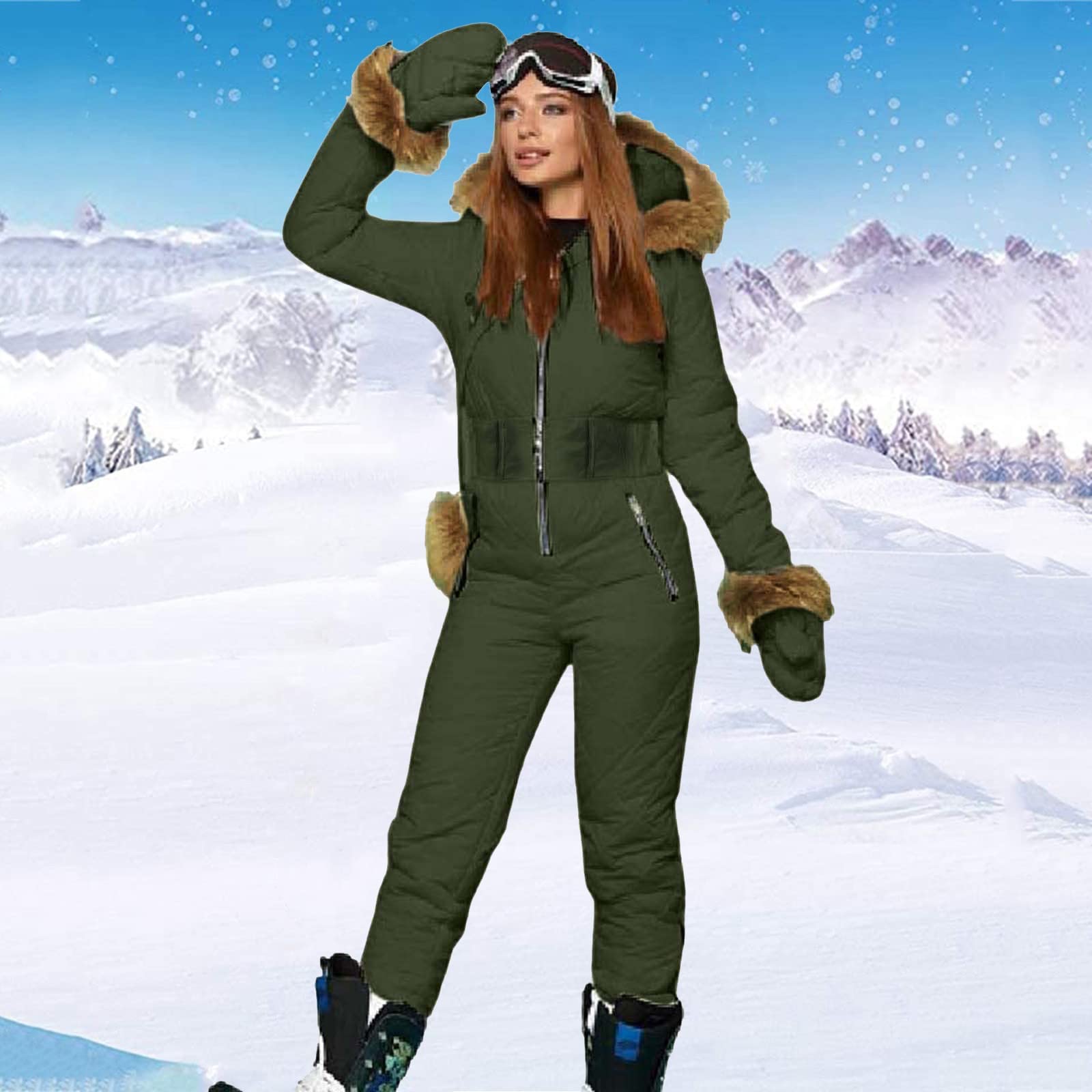 Women's Waterproof Snowsuit Winter One Piece Ski Suit with Gloves & Bag - High Waist Warm Snow Jumpsuit for Outdoor Skiing & Snowboarding