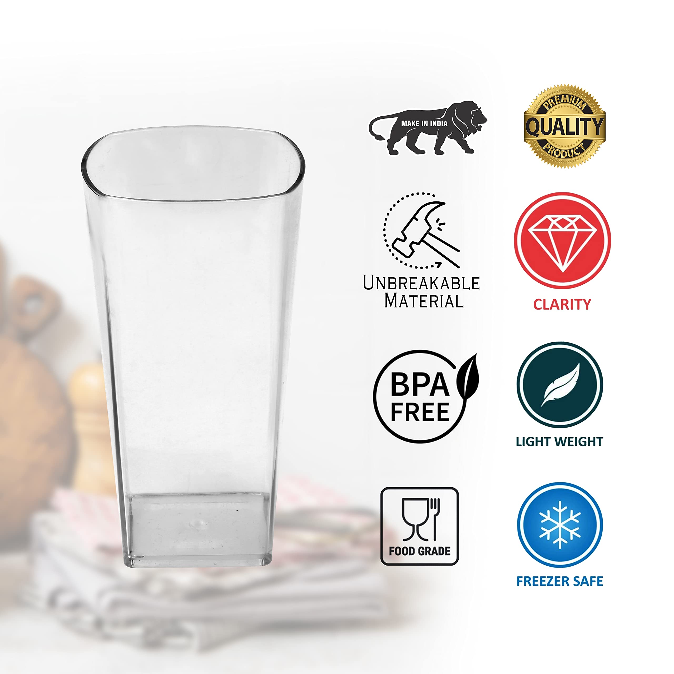 LEAWALL 6-Pack Unbreakable Plastic Drinking Glasses - 300ml Square Clear Cups for Juice, Beer, Wine & Cocktails - Stylish & Durable for Parties, Picnics, Poolside & Outdoor Entertaining