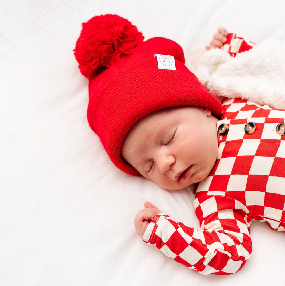 Cherry Red Pom Pom Beanie - Soft Winter Knit Hat for Women & Men - Cozy Cold Weather Accessory for Outdoor Activities, Skiing & Snowboarding