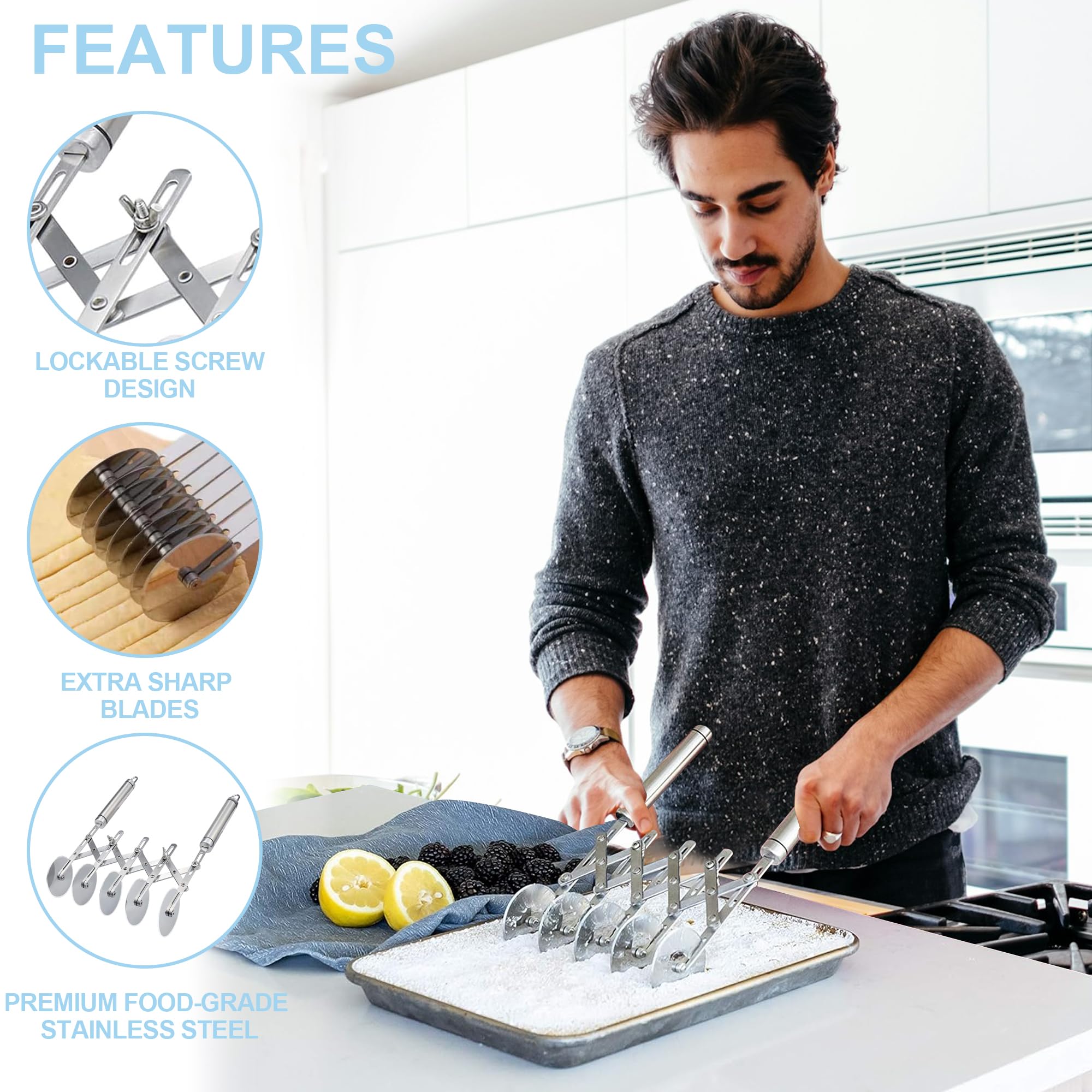 5-Wheel Professional Stainless Steel Pastry Cutter - Heavy Duty Pizza & Dough Tool for Baking, Lattice Cutting, Cookie Dividing - Ergonomic Handle Multi-Use Kitchen Utensil - Perfect for Home Bakers, Professional Chefs & Pizza Lovers