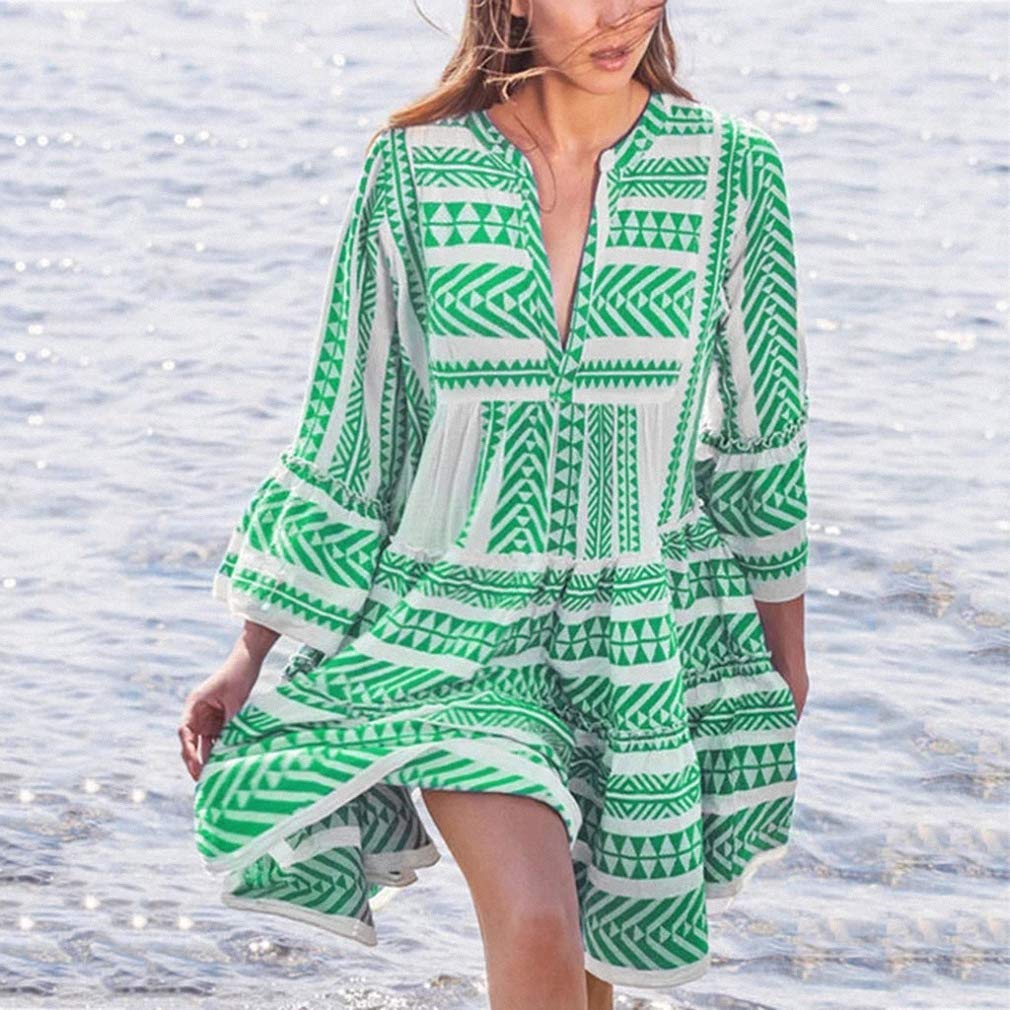 Bohemian Floral Print V-Neck Long Sleeve Mini Dress for Women - Beach Party, Club Wear & Summer Sun Dress - Perfect for Vacations, Date Nights and Music Festivals
