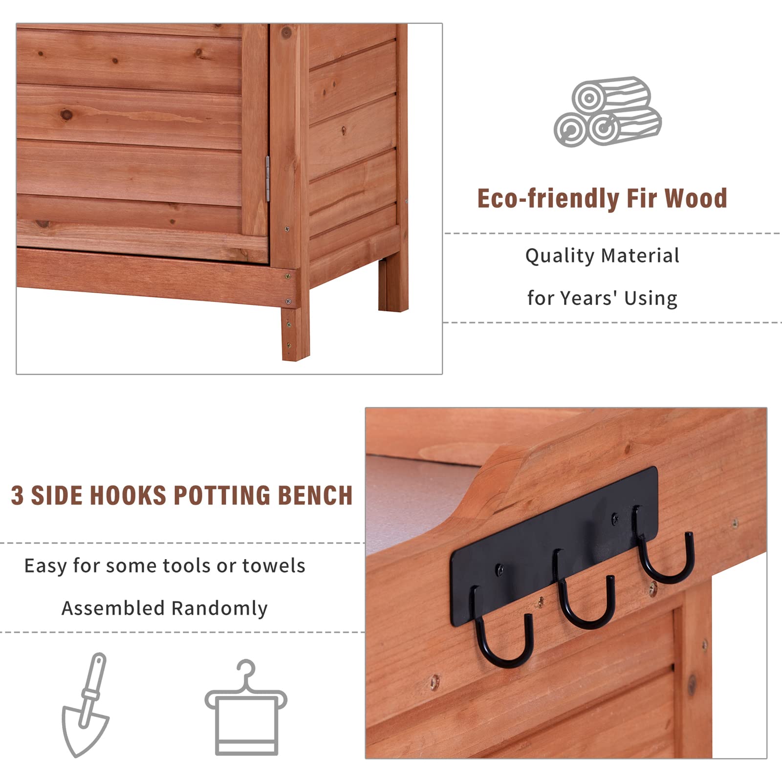 Waterproof Outdoor Wooden Storage Cabinet with Potting Bench - Rustic Garden Shed Organizer with Shelves & Hooks - Durable Fir Wood Construction (Orange) - Perfect for Backyard, Patio, and Gardening Tool Storage