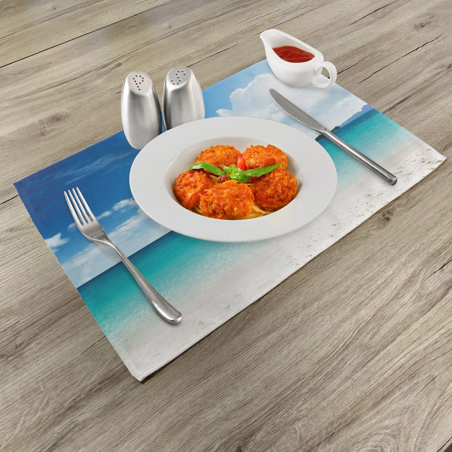 Ambesonne 4-Piece Island Place Mats Set – Thailand South Tropic Paradise Poda Island Photo Design, Washable Fabric Table Mats for Dining Room & Kitchen Decor in Blue White Cream – Perfect for Beach House, Tropical Theme Parties & Summer Dining