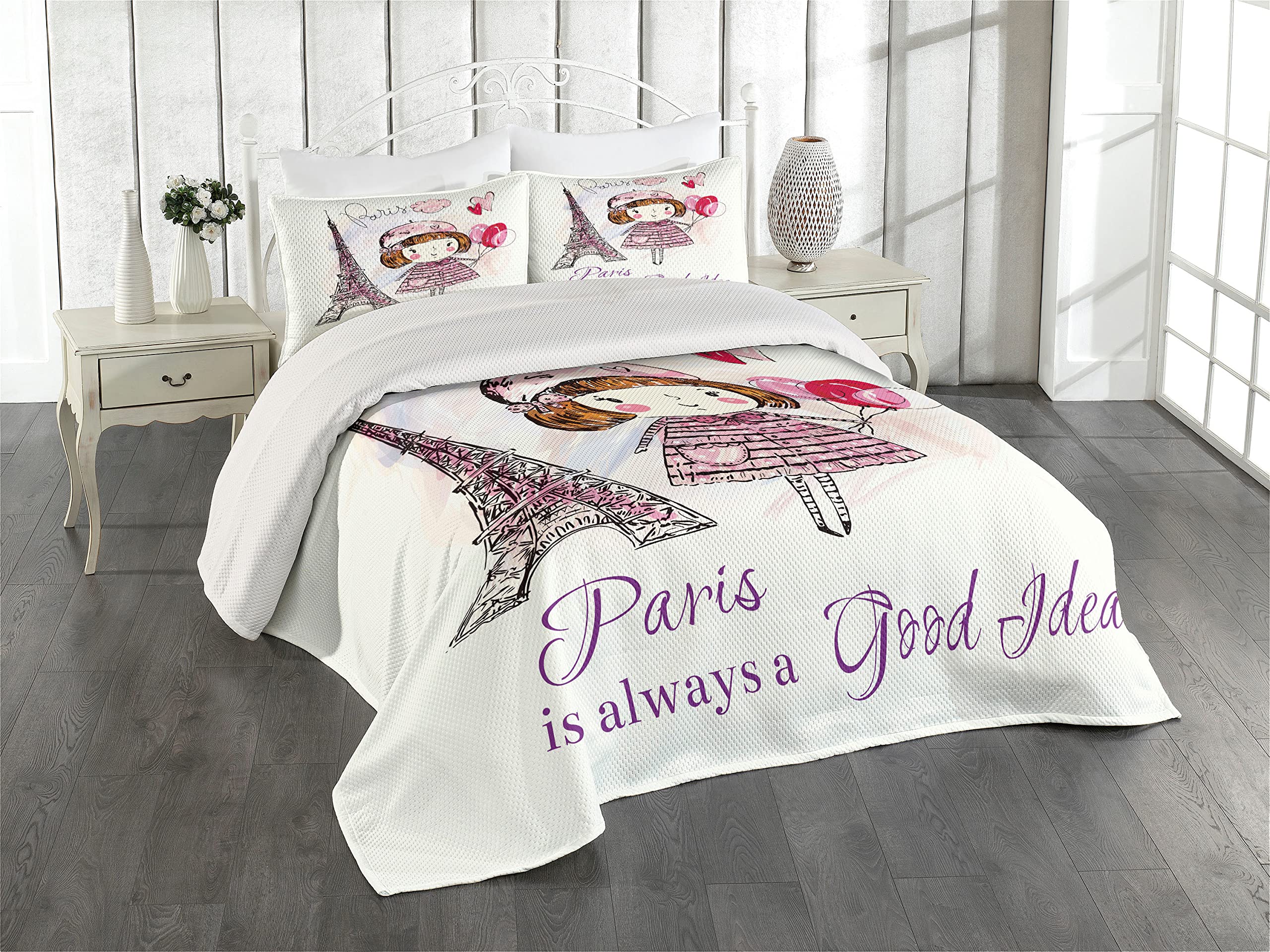Ambesonne Paris 3-Piece Quilted Bedspread Set - King Size Pale Pink Purple White Coverlet with 2 Pillow Shams, Little Girl Holding Balloons Hearts Cloud & Eiffel Tower Illustration | French Themed Bedding for Girls Room, Nursery Decor, Romantic Bedroom Makeover