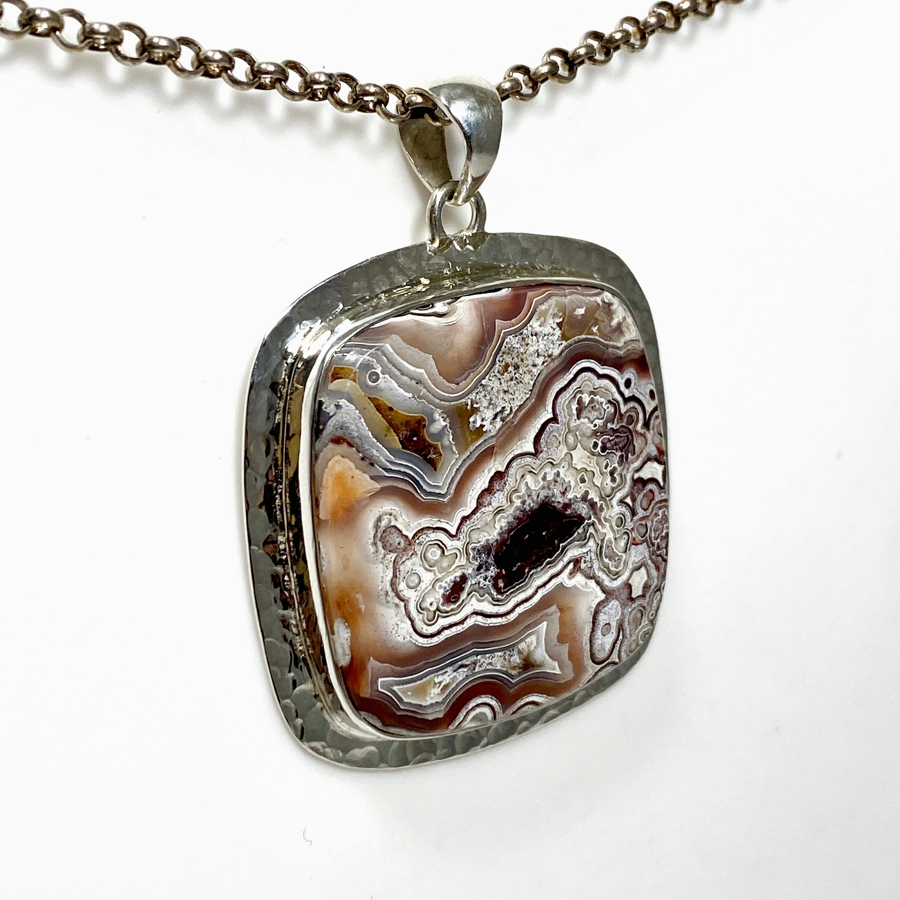 Mexican Crazy Lace Agate Square Pendant - Handcrafted Hammered Silver Jewelry KPGJ4575 | Perfect for Boho Chic Outfits & Spiritual Healing