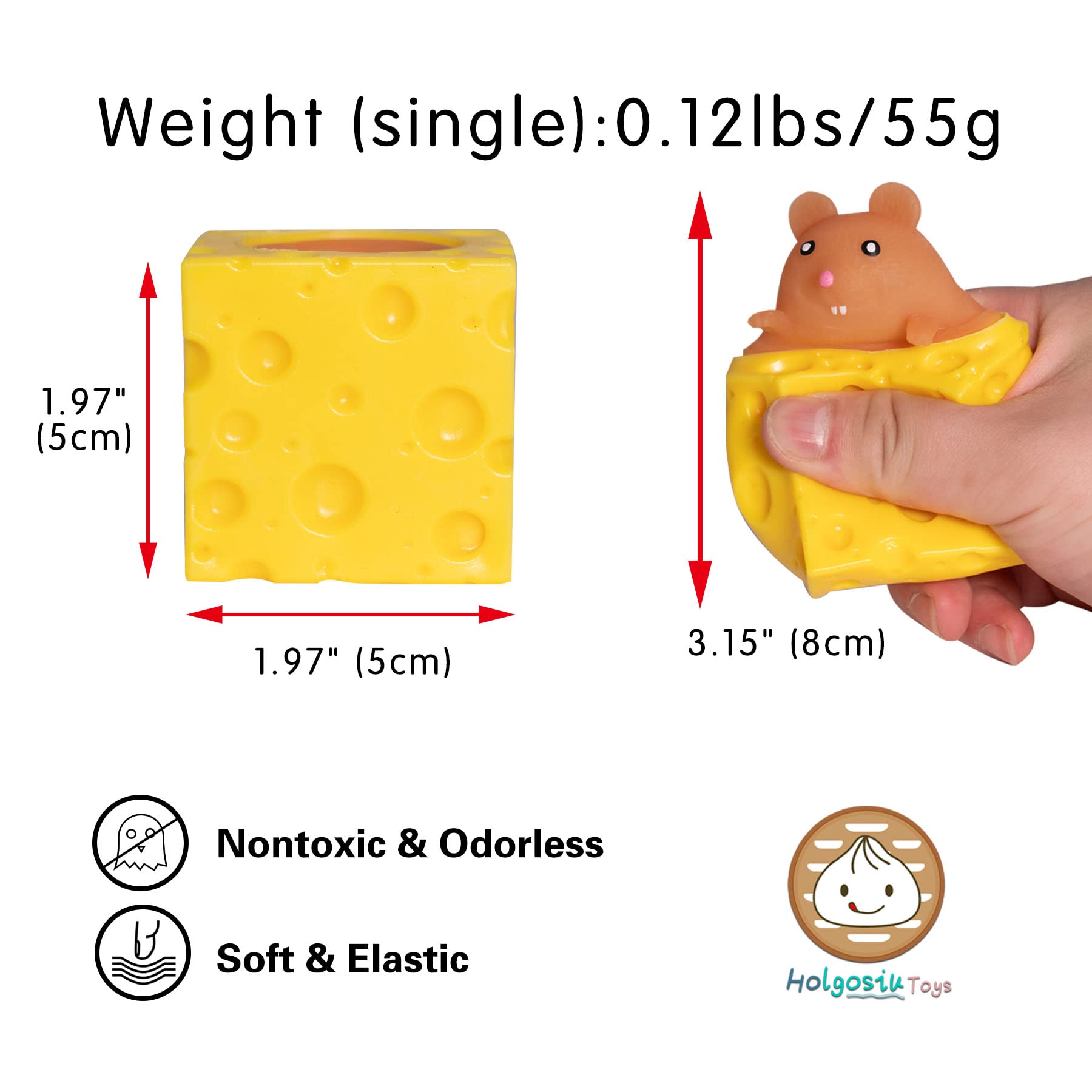 Holgosiu Cheese Stress Ball - Squishy Mouse Toy for Anxiety Relief, ADHD, ADD & OCD - Fun Fidget Sensory Toy for Kids & Adults - Perfect for Office, School & Home Stress Relief