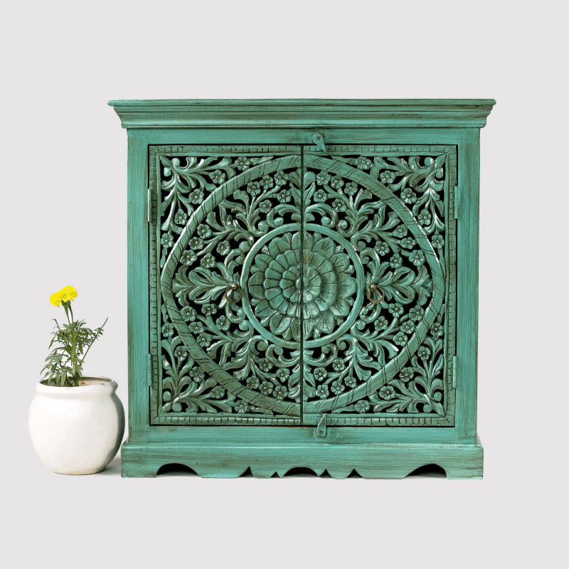 Hand Carved Emerald Green Hallway Cabinet - Solid Wood Entryway Storage with Vintage Design | Perfect for Small Spaces, Apartments & Narrow Hallways
