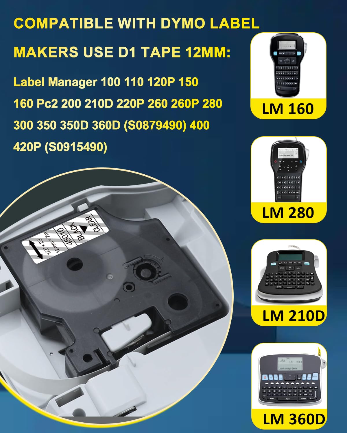 Dymo Label Maker Refills D1 45010 S0720500 - 12mm (1/2 Inch) Clear Label Tape - 3 Pack - Compatible with Dymo LabelManager 160 - Perfect for Office Organization, Shipping Labels & Home Storage