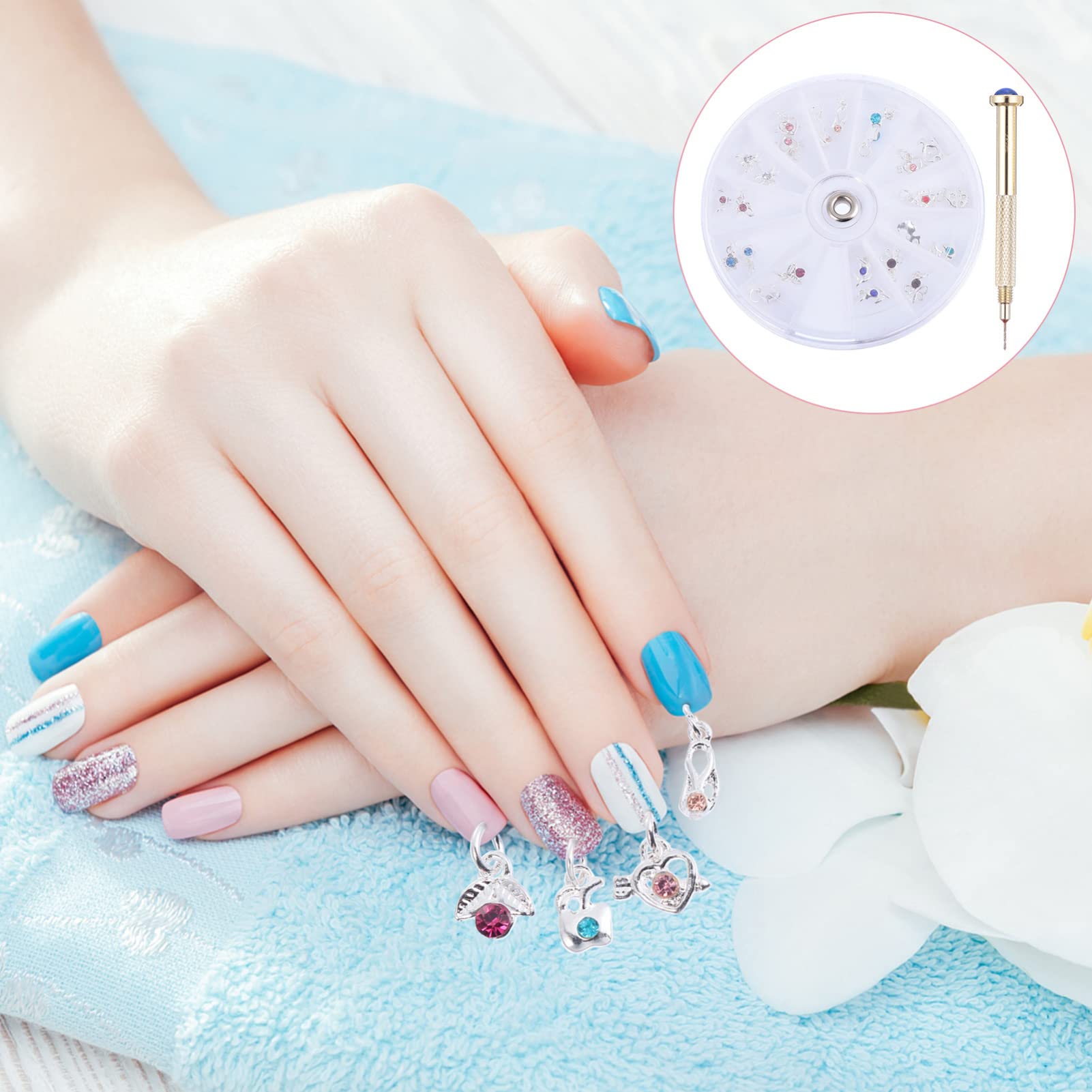Beaupretty 24Pcs Nail Art Charms Set - 2 Pack Dangle Pendants with Hand Drill for DIY Nail Jewelry | Perfect for Salon, Home Manicure & Party Nail Decorations