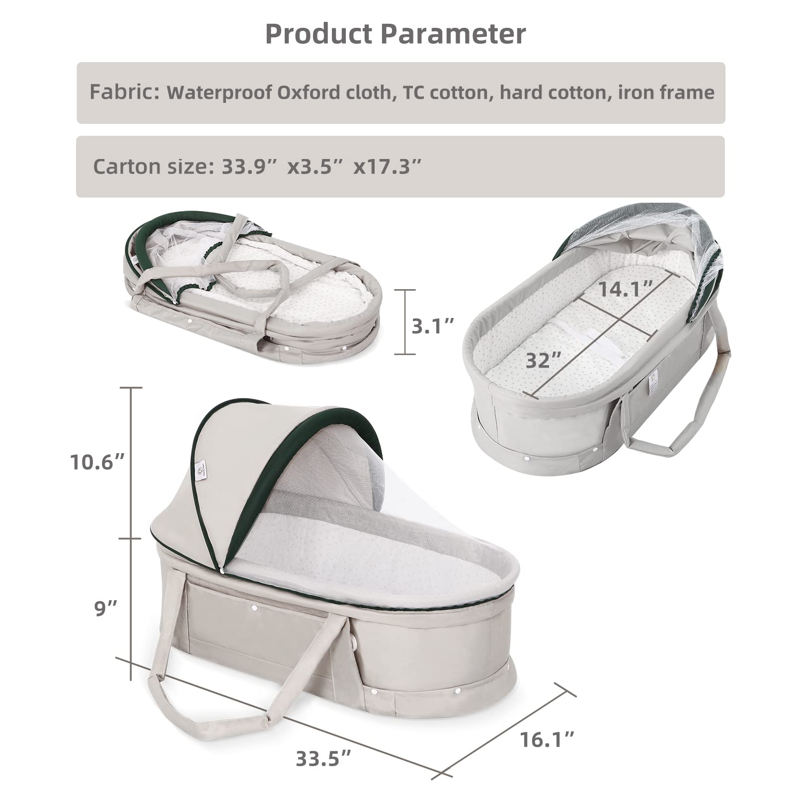 Holy Cat Portable Travel Bassinet - Foldable Baby Crib with Mosquito Net & Canopy, Lightweight & Washable for Infants (Light Grey) | Perfect for Travel, Co-Sleeping & Nursery